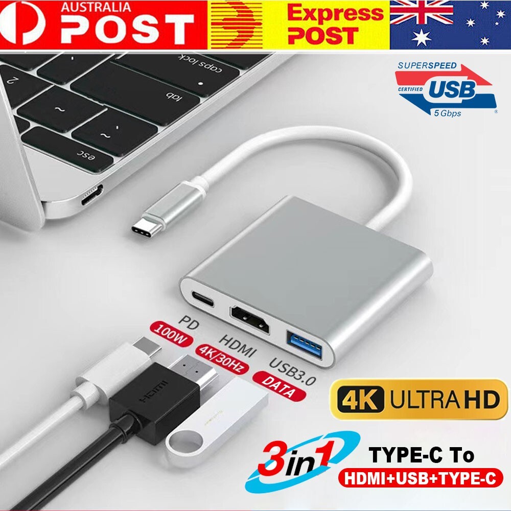 Type USB-C HDMI USB 3.0 3-in-1 Hub Adapter 4K 5Gbps Charging Port 30Hz For PCs