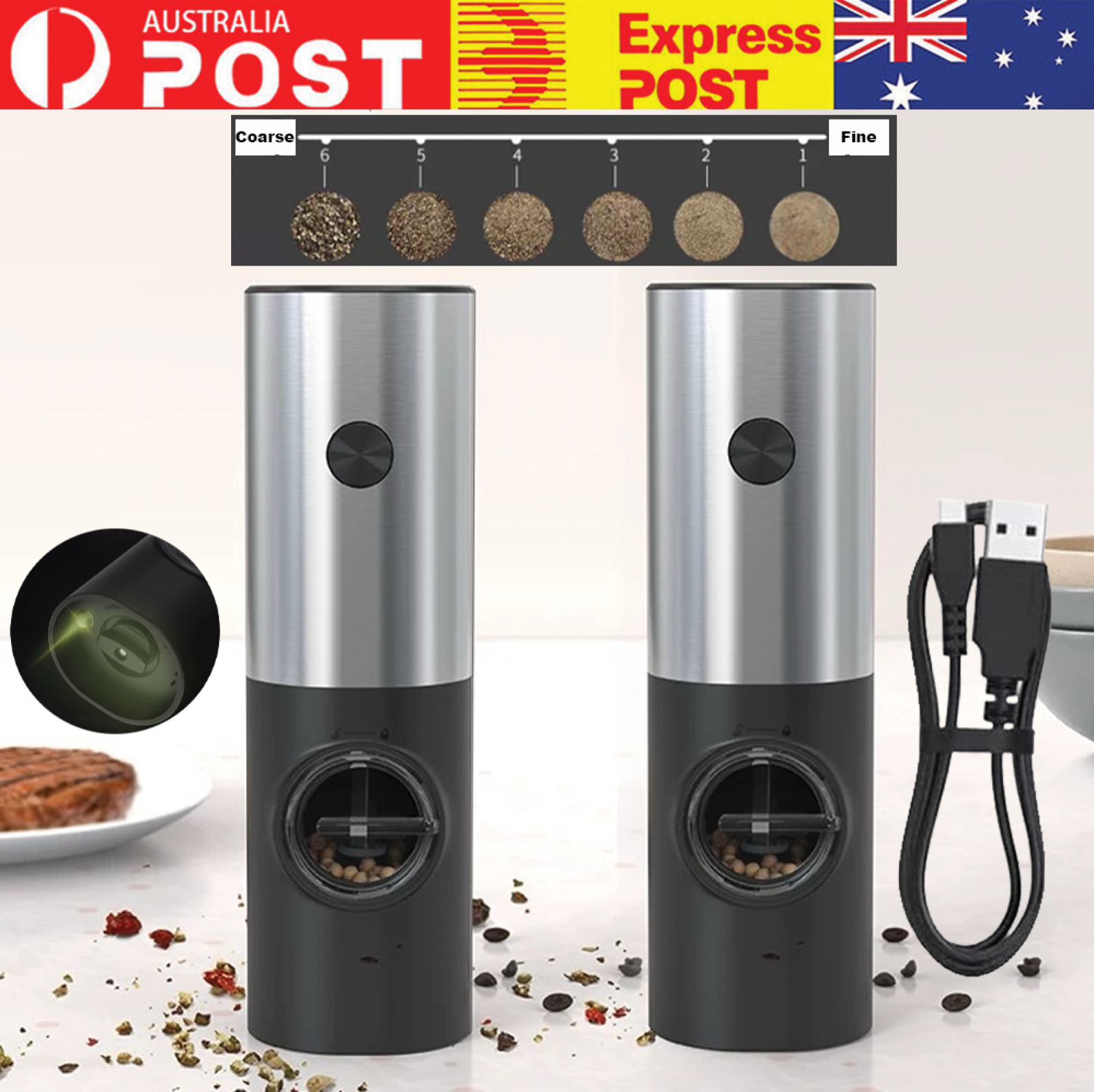 Electric Salt and Pepper Grinder USB Rechargeable LED Light Stainless Steel Mill