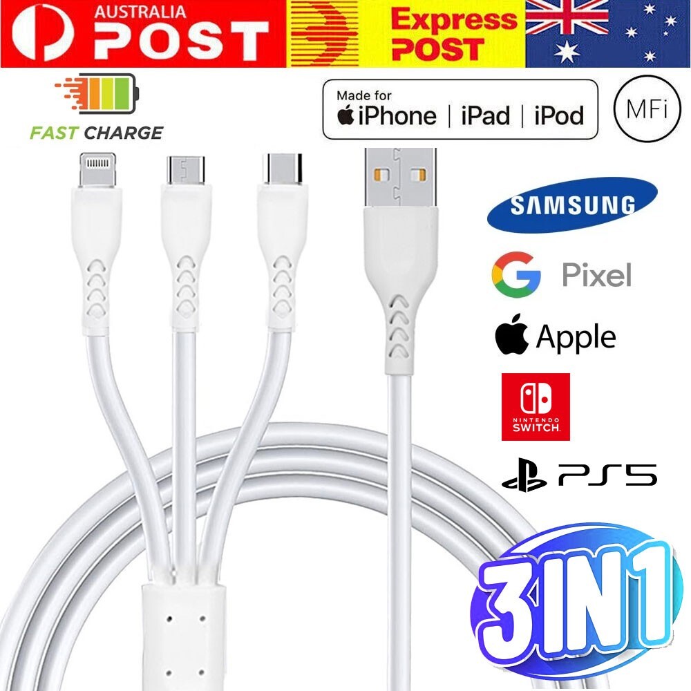 3-in-1 Fast Charging Cable USB-C Micro-usb for iPhone Samsung Apple 1.2m White
