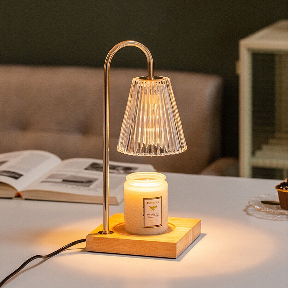 Candle Warmer Lamp Dimmable 35W GU10 Glass Shade Wooden Base Metal Body 15x33cm