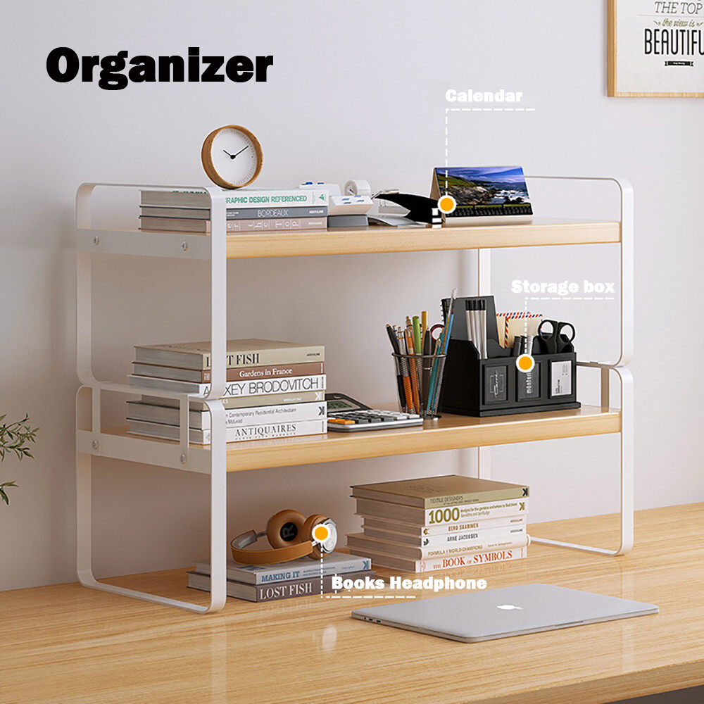 Black 2 Shelves Tabletop Storage Rack Desk Organizer 50cm 36cm 20cm Wood Space