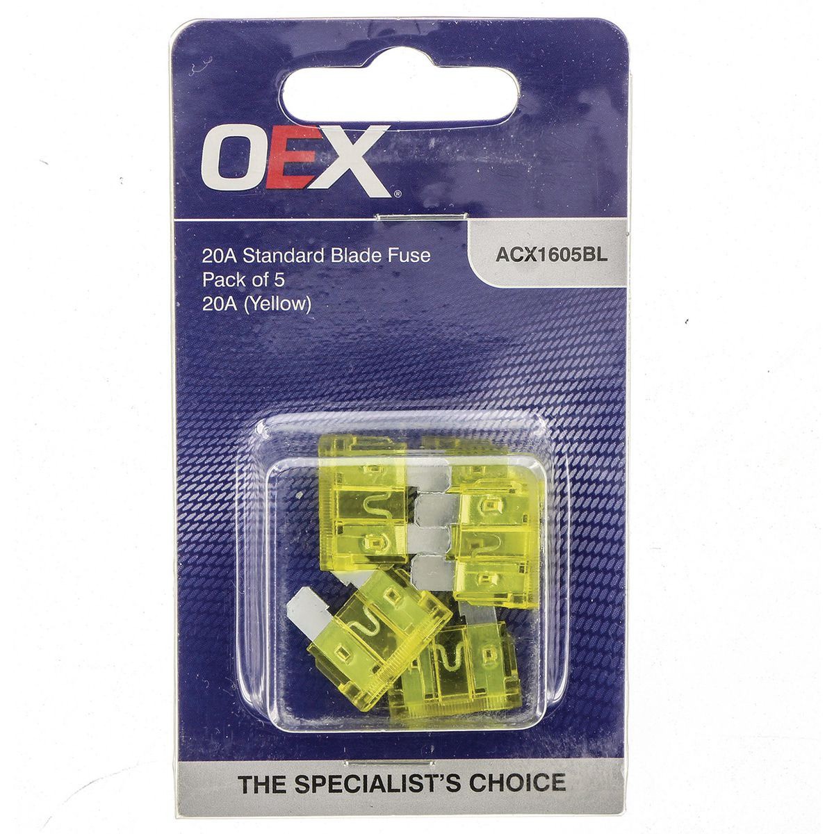 OEX Standard Blade Fuse, 20A Yellow - Pack of 5 - ACX1605BL Car Wiring Adapter