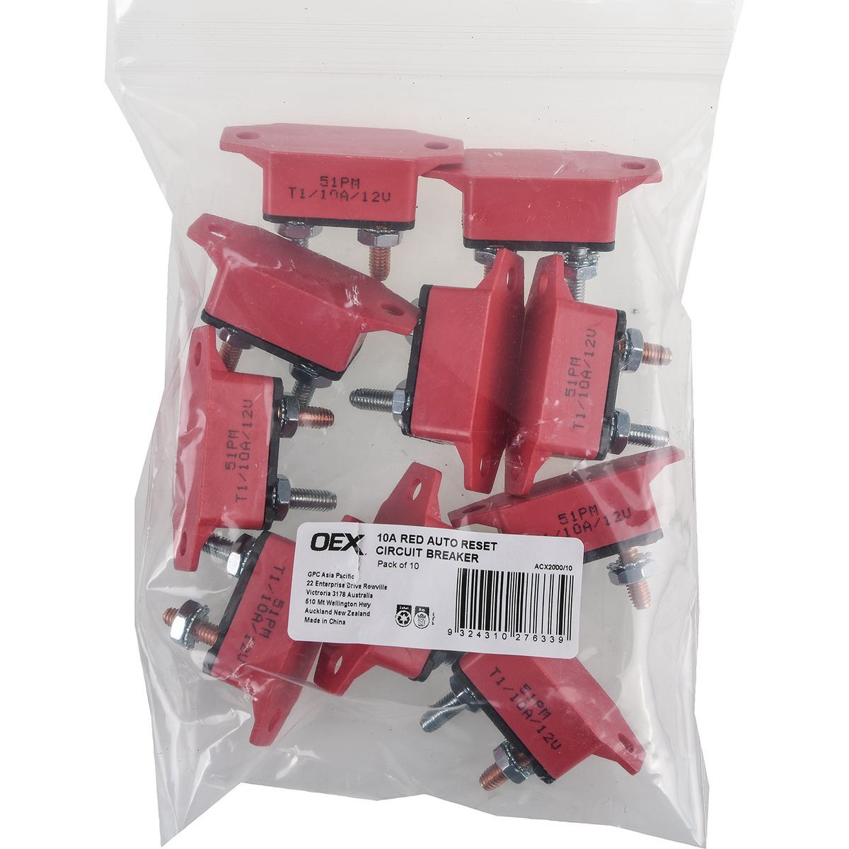 OEX 10A Red Auto Reset Circuit Breaker - Pack of 10 - ACX2000/10 Car Wiring