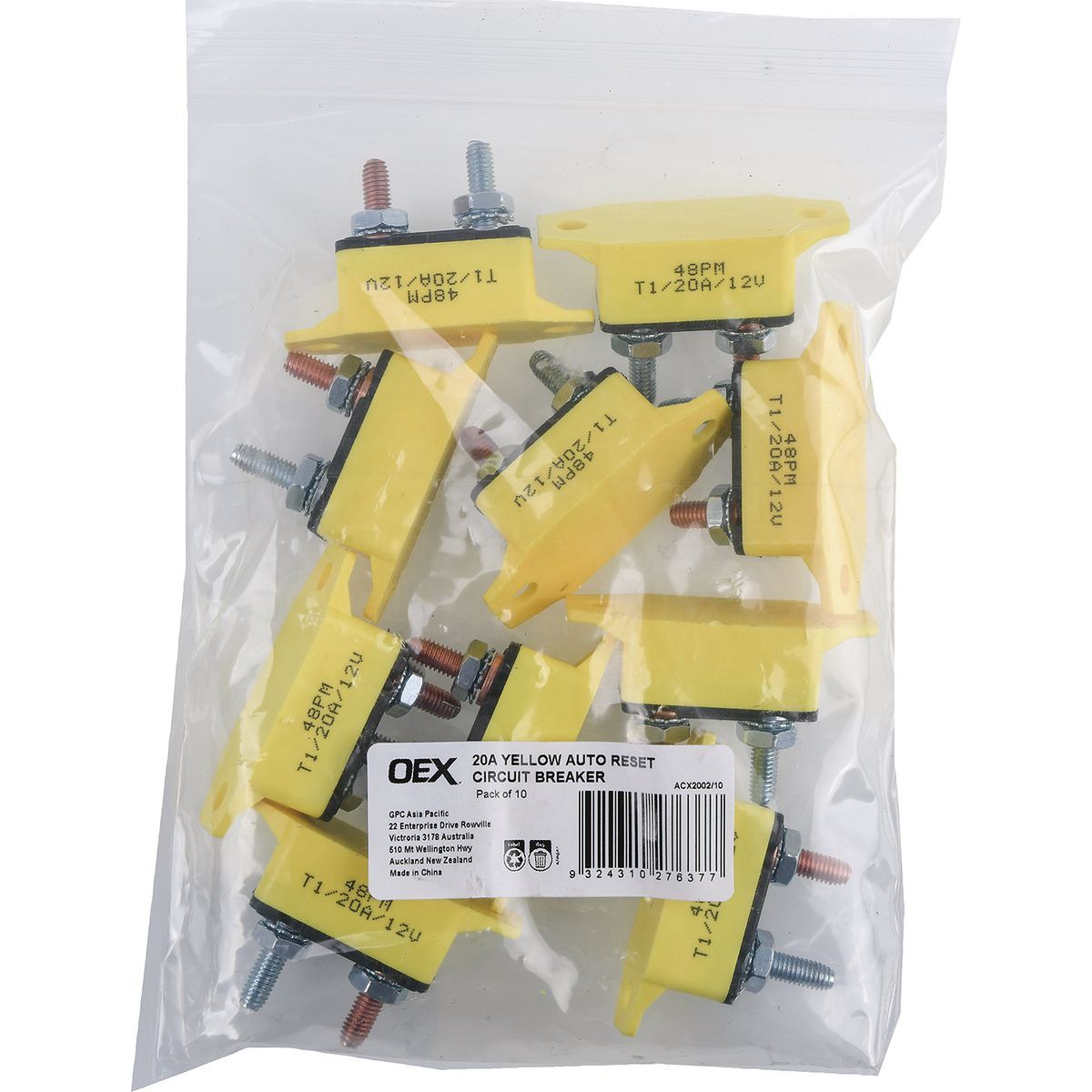 OEX 20A Yellow Auto Reset Circuit Breaker - Pack of 10 - ACX2002/10 Car Wiring