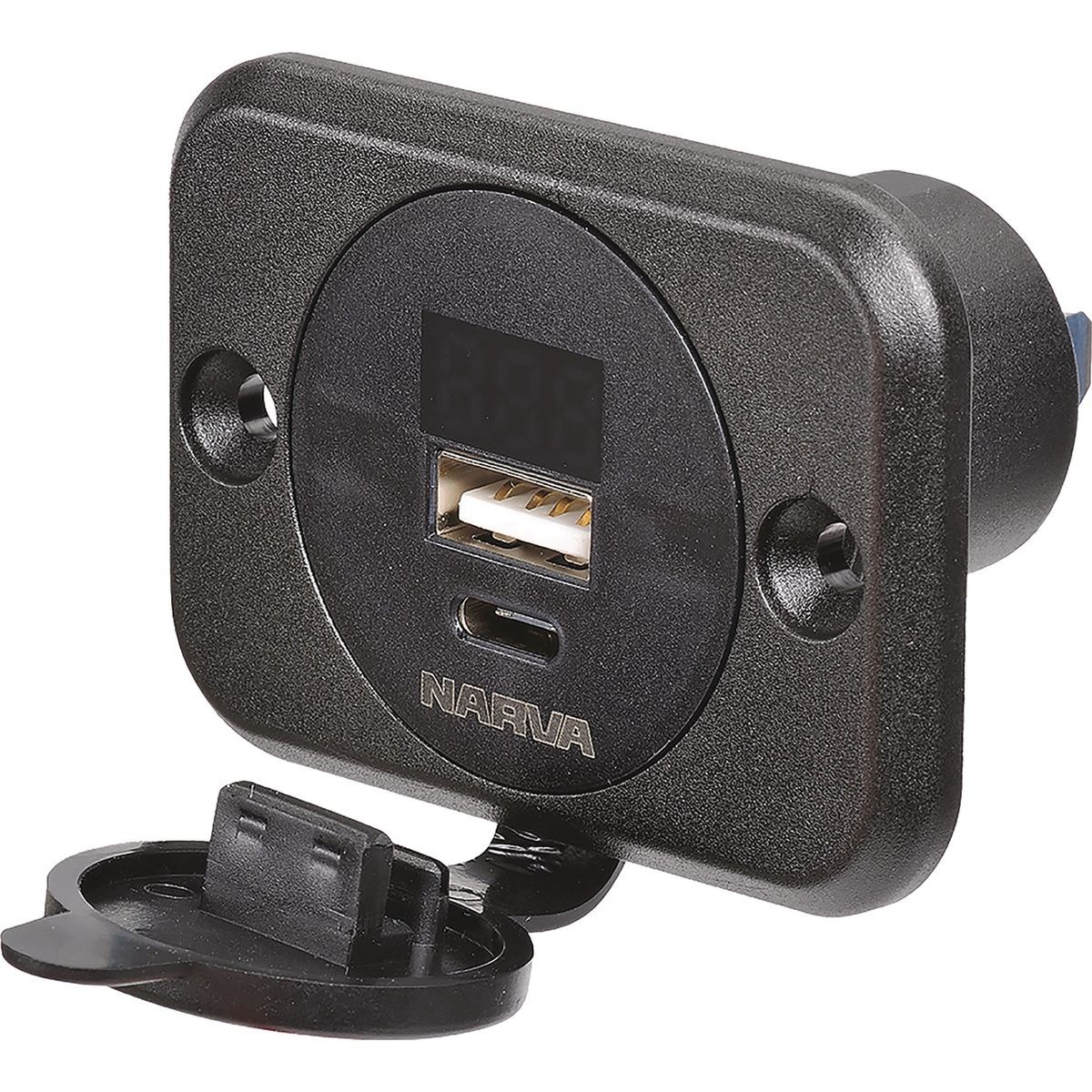 Narva USB/USB-C Socket w/LED Volt/ Amp Meter - 81106BL Car Charger Workshop Tool