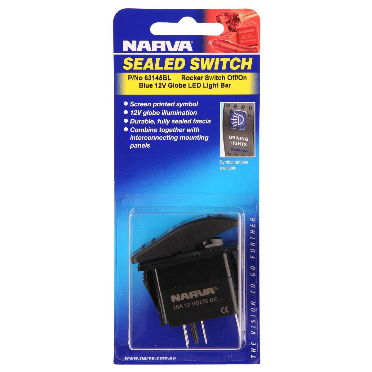 Narva Sealed Rocker Switch Off/On SPDT 12V Blue Illuminated LED Light Bar Symbol