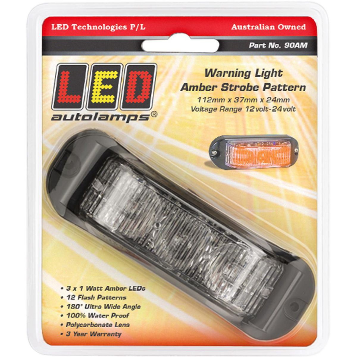 LED Autolamps 90 Series Amber Emergency LED Strobe/Warning Light 12V/24V Surface