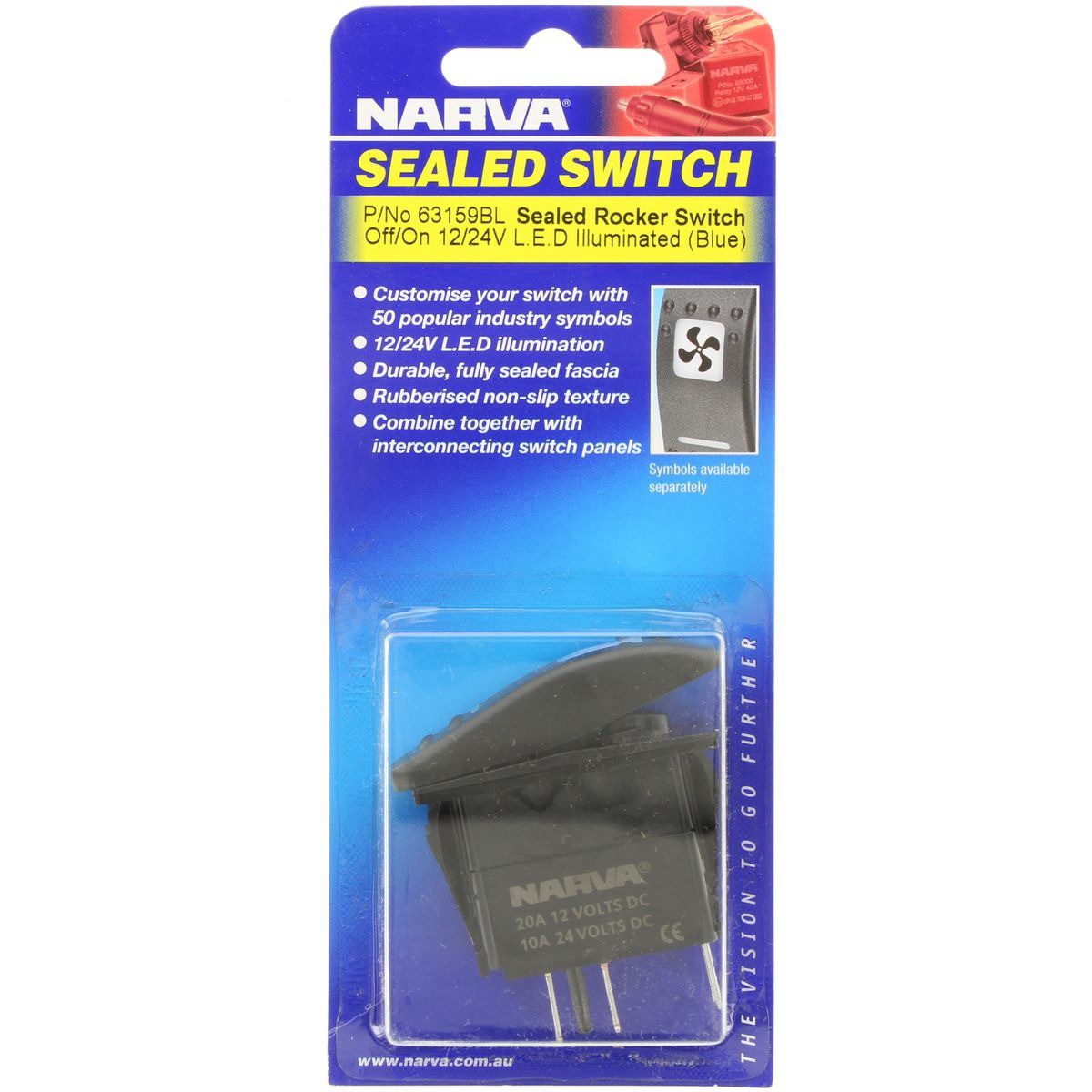 Narva Sealed Rocker Switch Off/On SPST 12V/24V Blue LED (Contacts Rated 20A @ 12
