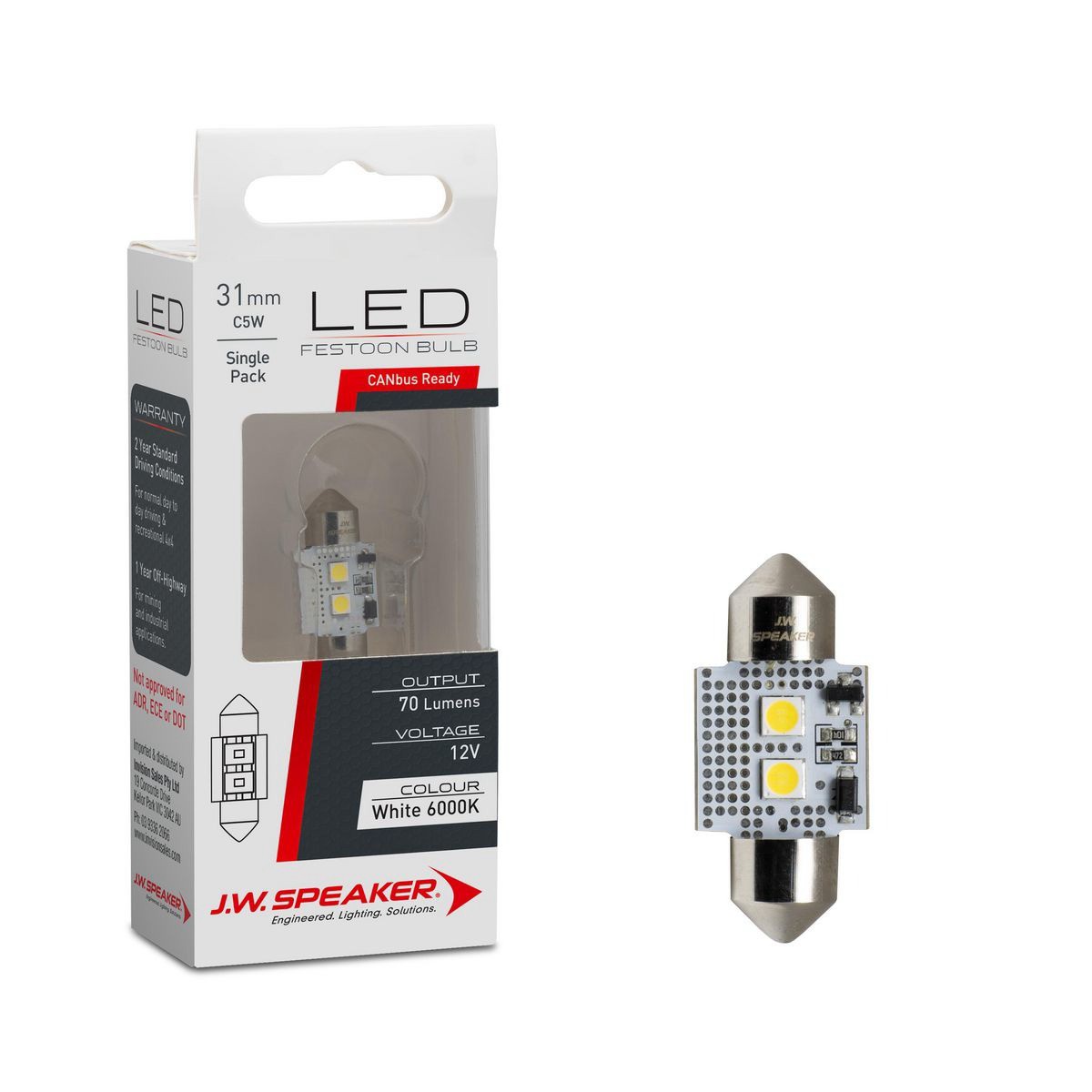 JW Speaker LED LED 31mm Festoon - 12V 6000K 70lm Festoon with built in Canbus -