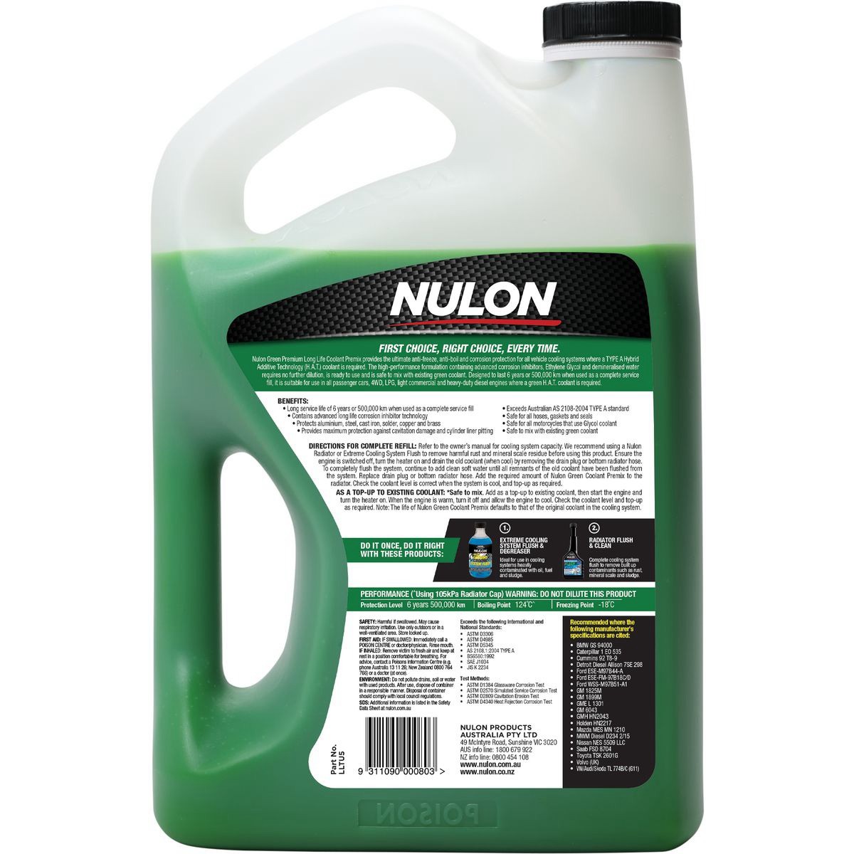 Nulon Long Life Green Coolant Premix 5L - LLTU5 Car Service Workshop Tool
