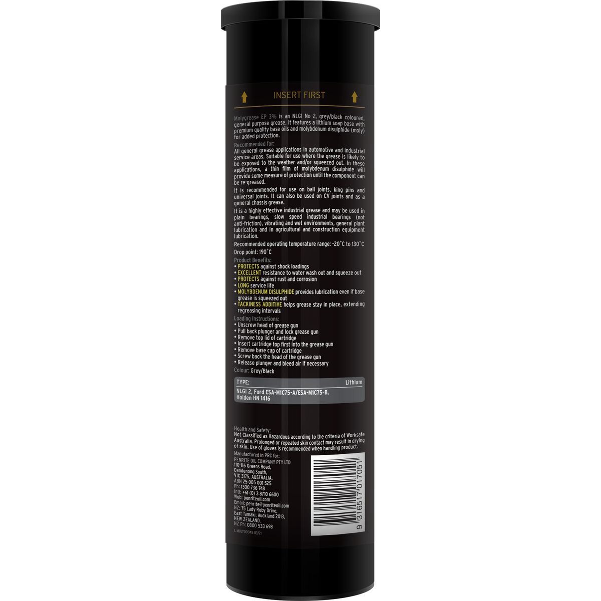 Penrite Molygrease EP 3% 450g cartridge - MOLY00045 Car Service Workshop Tool