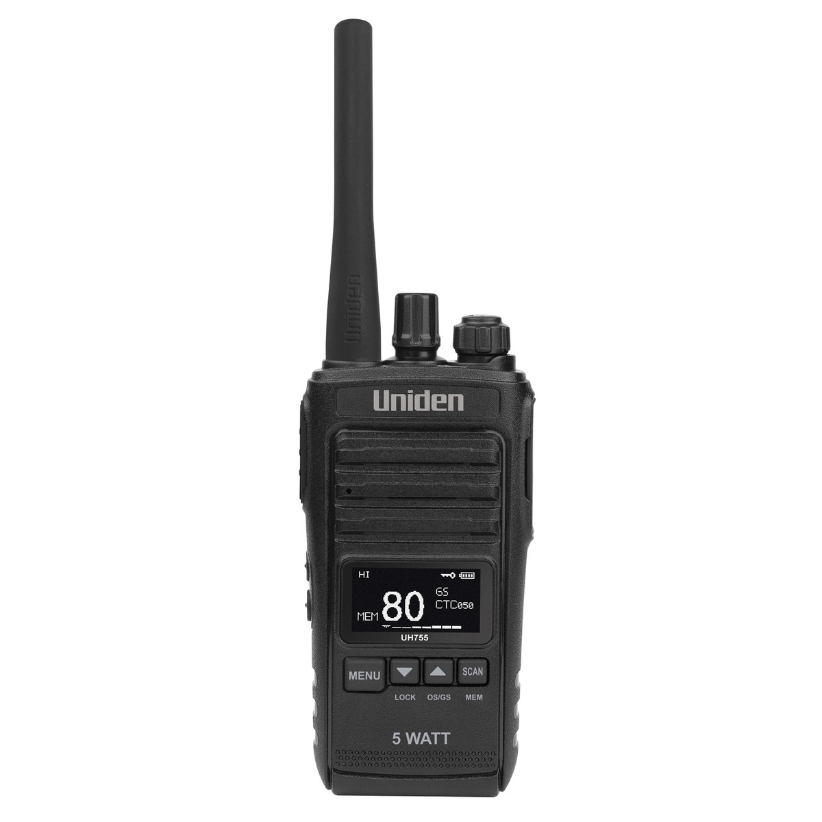 Uniden UH755 5W UHF CB Handheld Radio Splashproof 80 Channels Black DCS