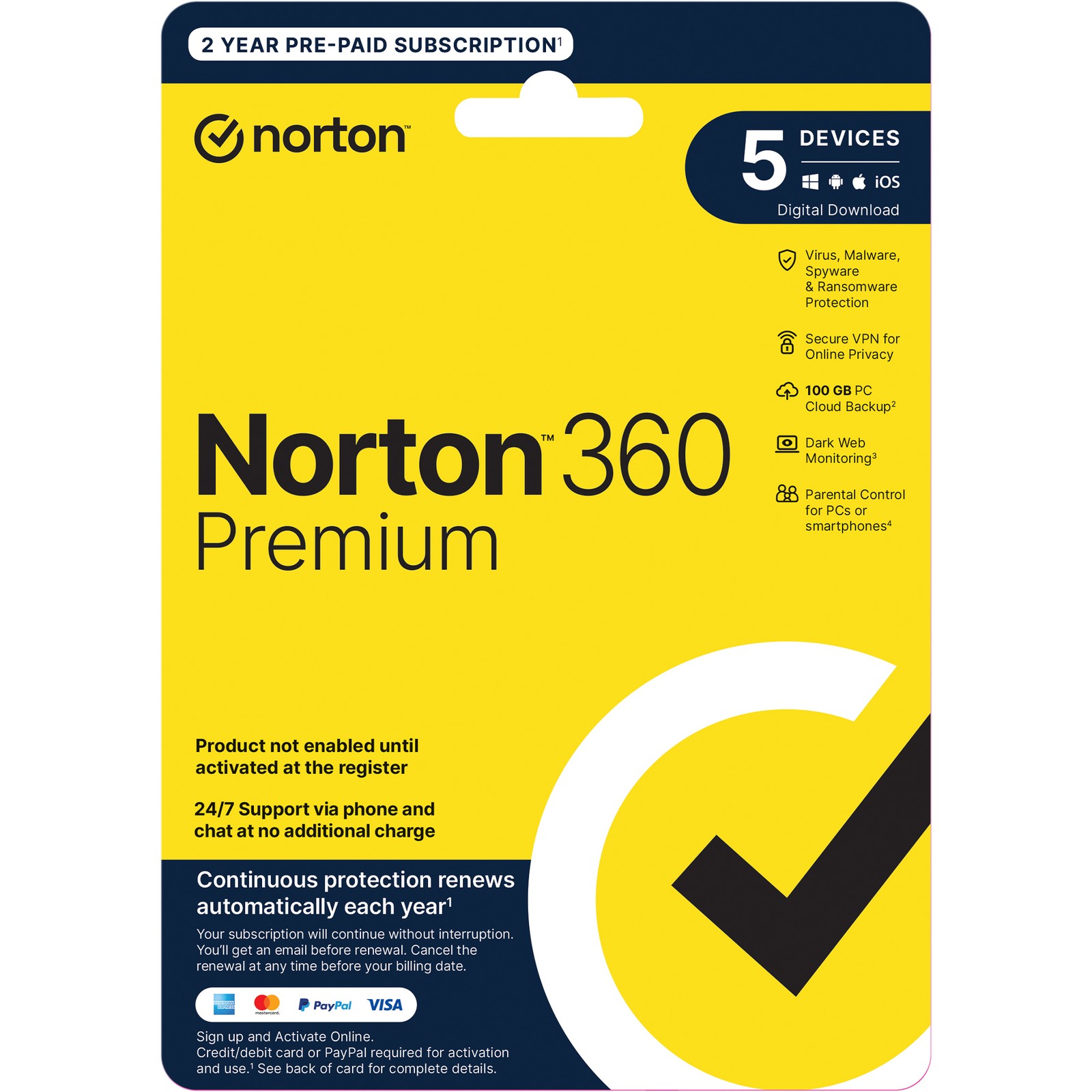 Norton 360 Premium Digital Download-5 Devices-2 Years Pre-Paid Subcription