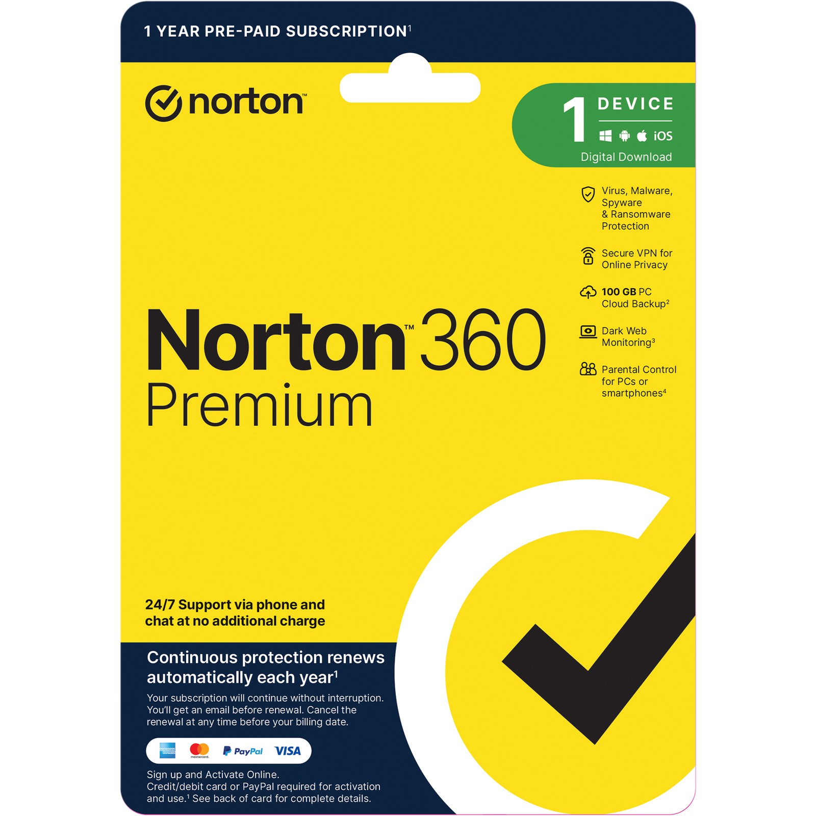 Norton 360 Premium Digital Download-1 Device-1 Year Pre-Paid Subscription