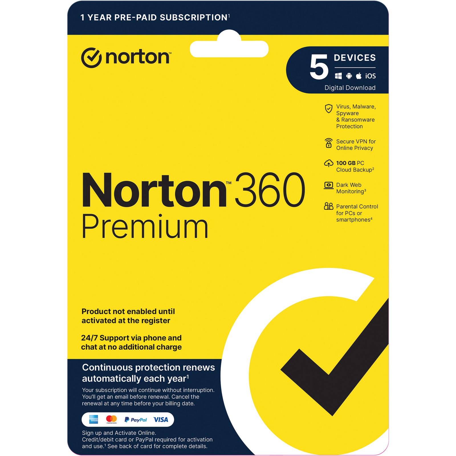 Norton 360 Premium Digital Download-5 Devices-1 Year Pre-Paid Subscription