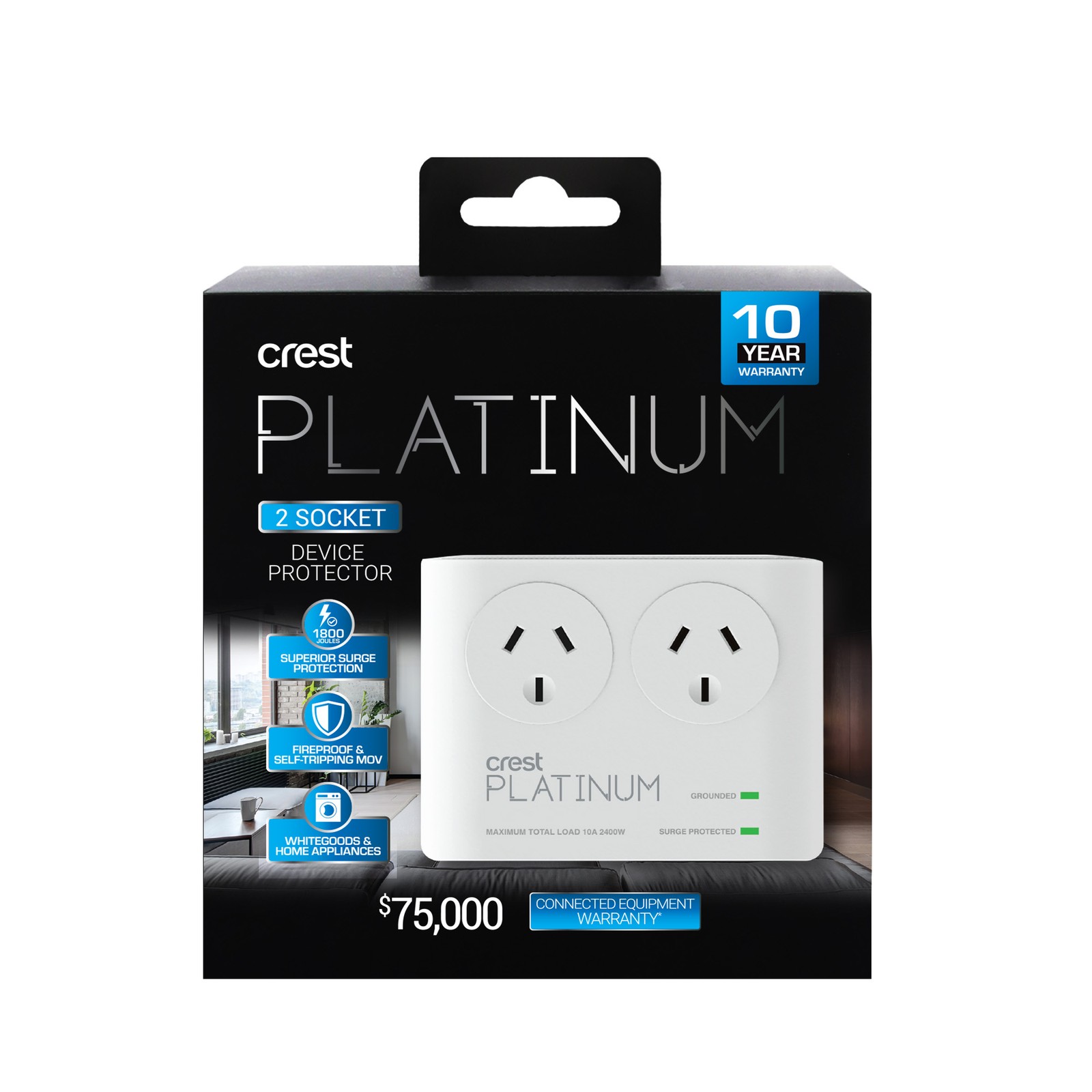 Crest PWU02905 2 Socket Surge Protector White 1800 Powered Device Protector