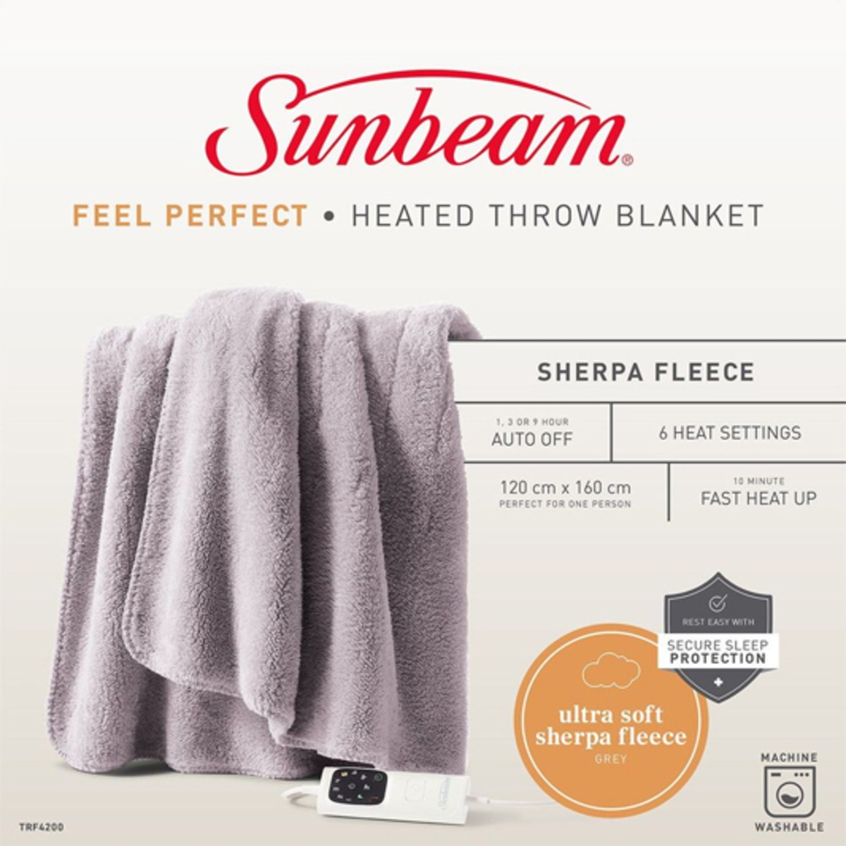 Sunbeam Feel Perfect Sherpa Fleece Heated Throw Blanket TRF4200 Grey 160 cm