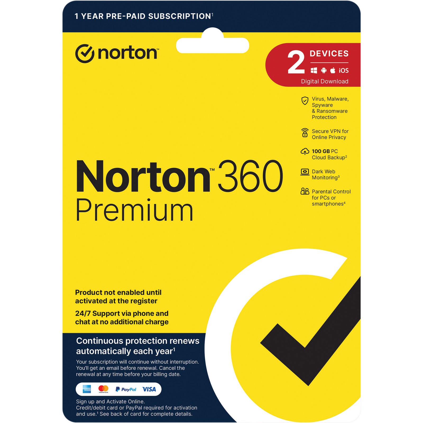 Norton 360 Premium Digital Download-2 Devices-1 Year Pre-Paid Subscription
