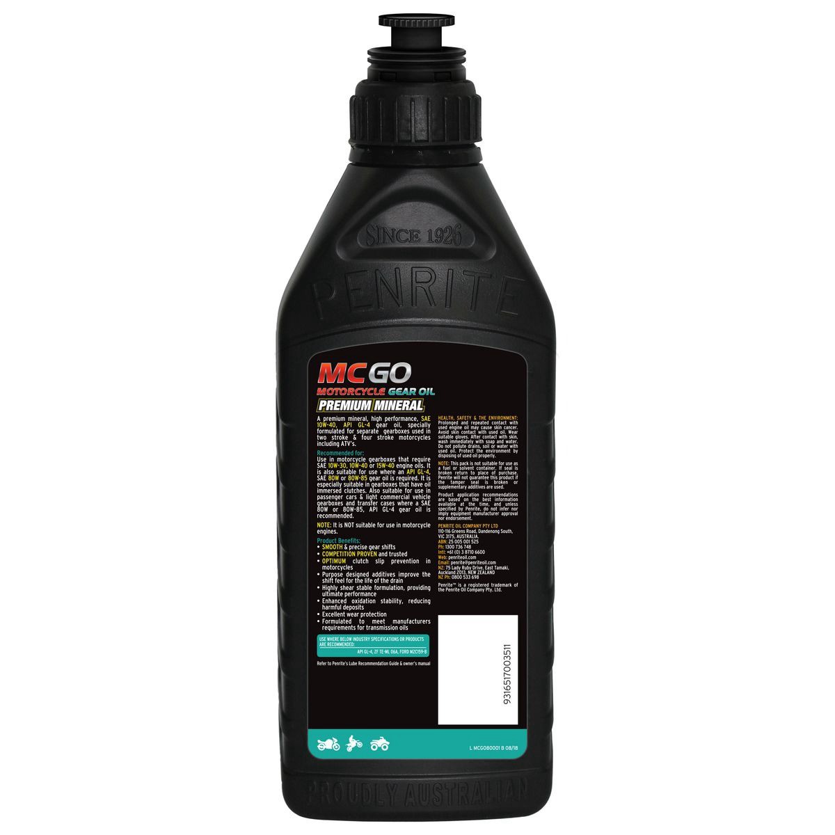 Penrite Motorcycle Gear Oil 1L - MCGO80001 Car Service Workshop Tool