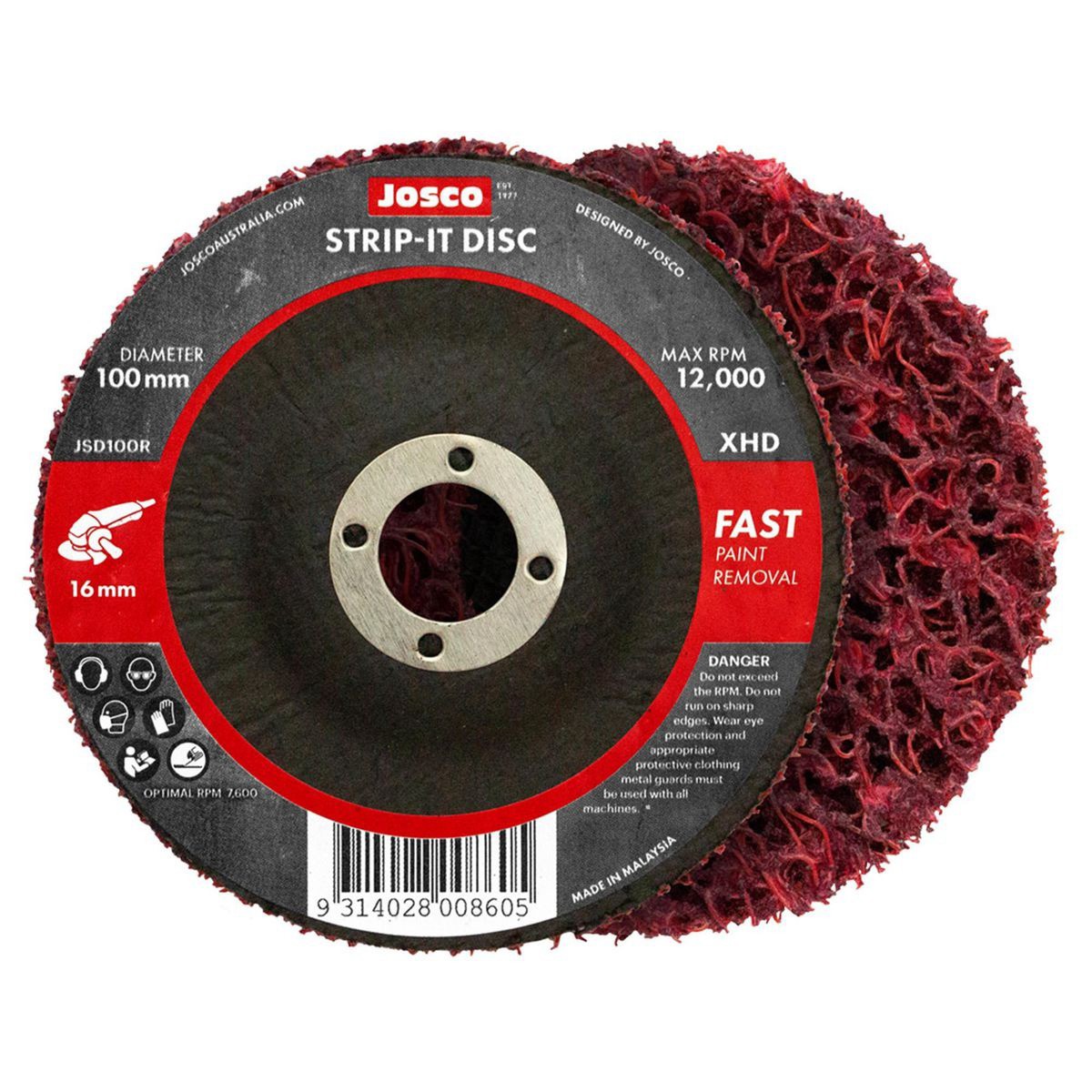 Josco Strip it Disc 100mm Red 16mm Bore Fibreglass Back - JSD100R Workshop Tool