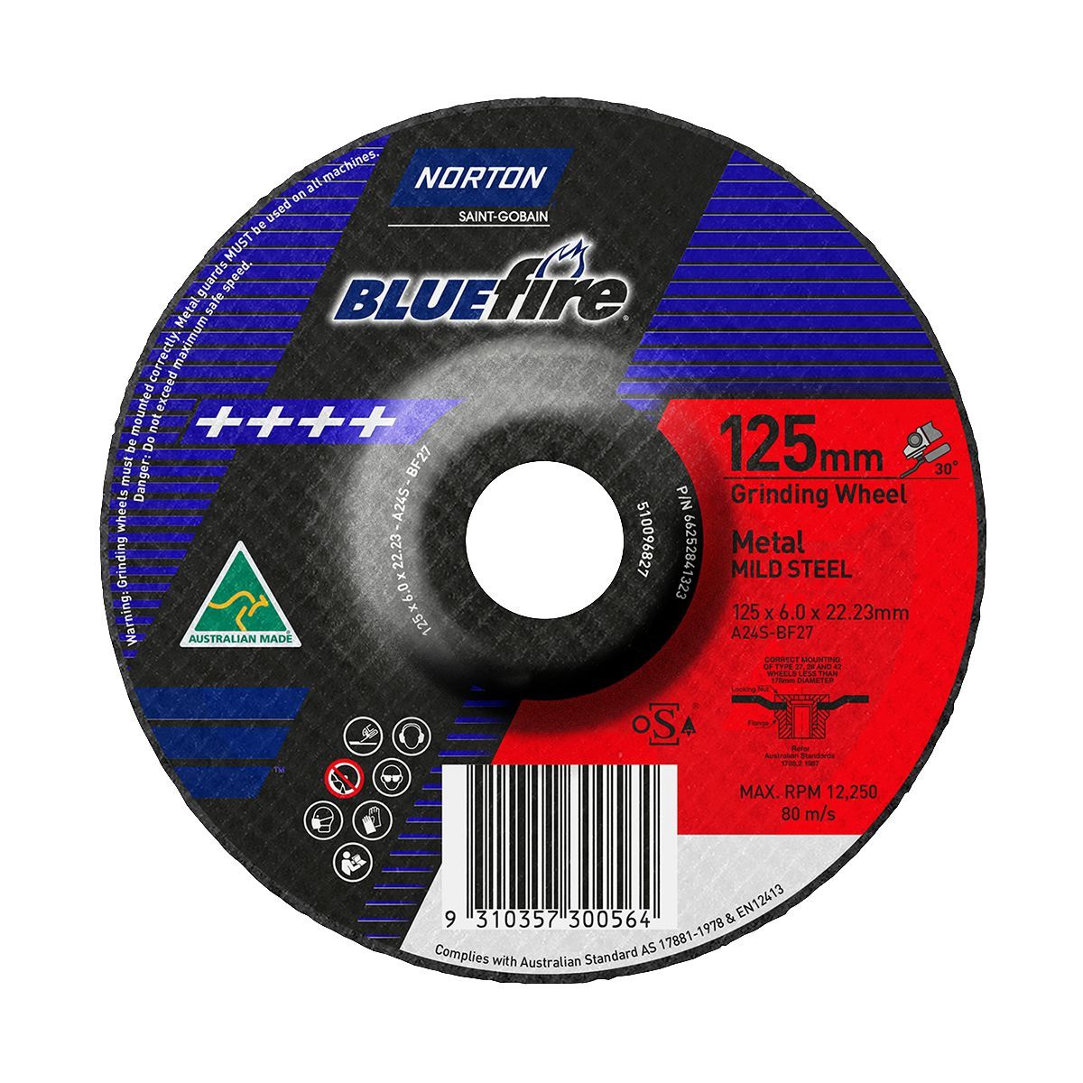 Norton Bluefire Grinding Disc 125 x 6.0 x 22.23mm, A24S - 66252841323 Auto