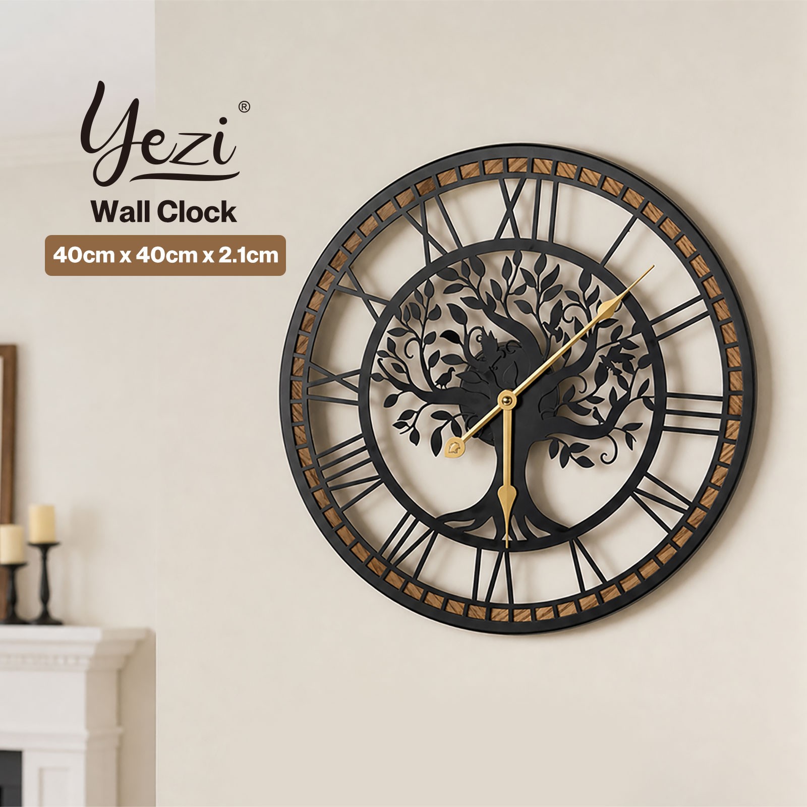 Yezi Vintage Tree Wall Clock 40cm Silent Quartz Iron Wood Black Round