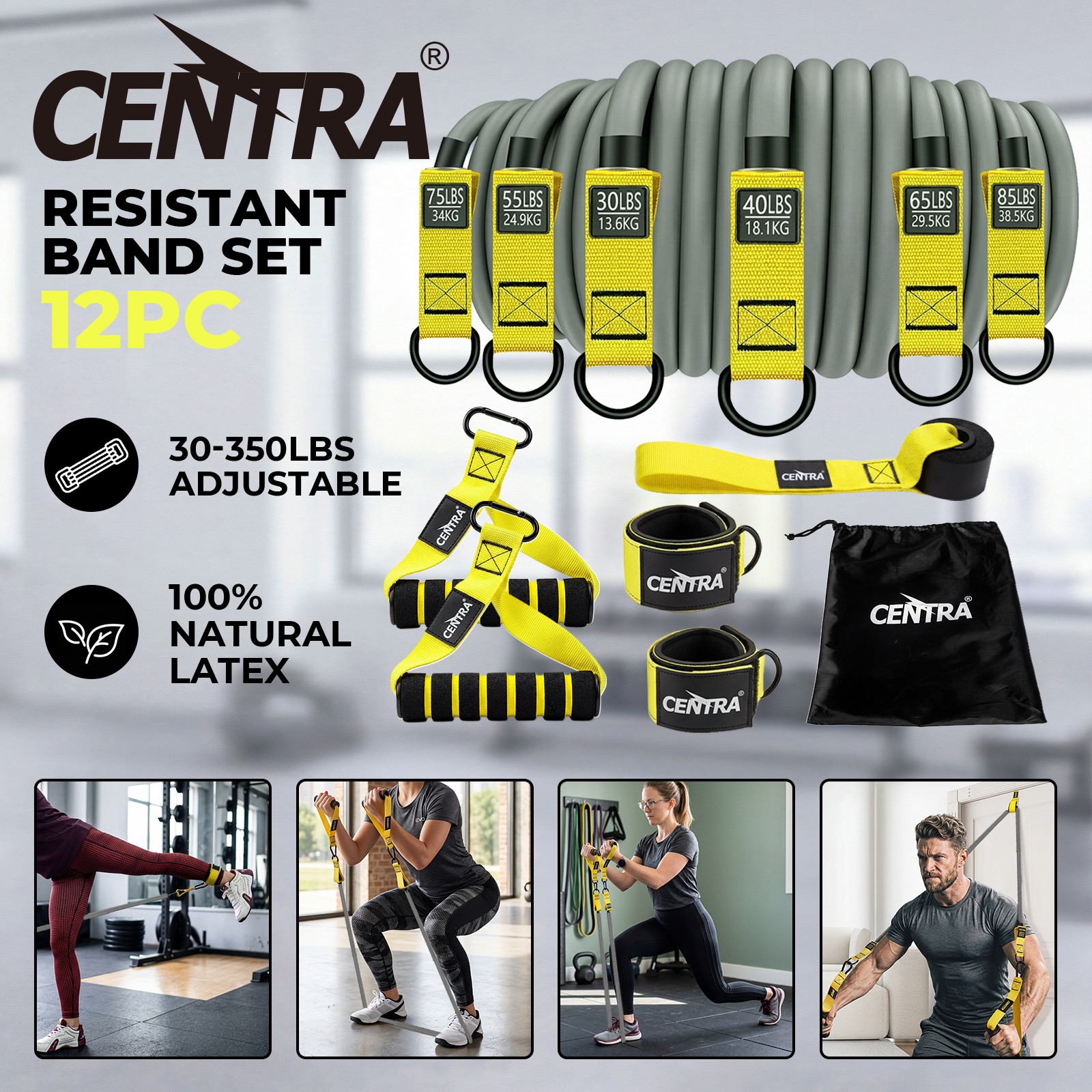 Centra 12 Pcs Heavy Duty Natural Rubber Latex Resistance Bands Set Gym