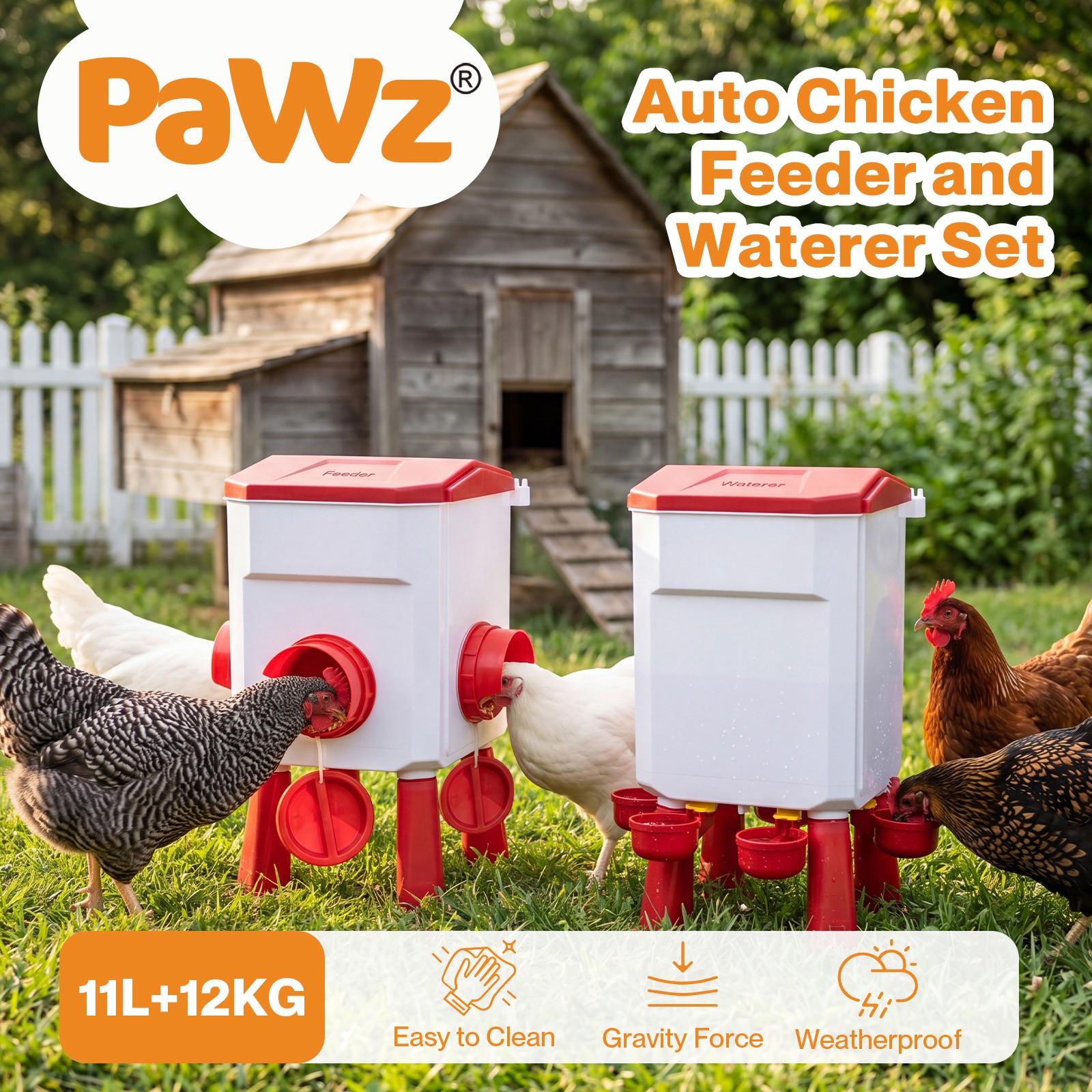 Pawz Auto Chicken Feeder and Waterer Set 12kg 11L Gravity Food Water Dispenser