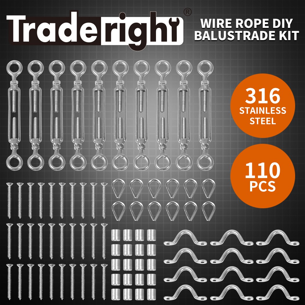 Traderight 316 Marine Grade Stainless-Steel Balustrade Wire Rope DIY Kit 10 Pack