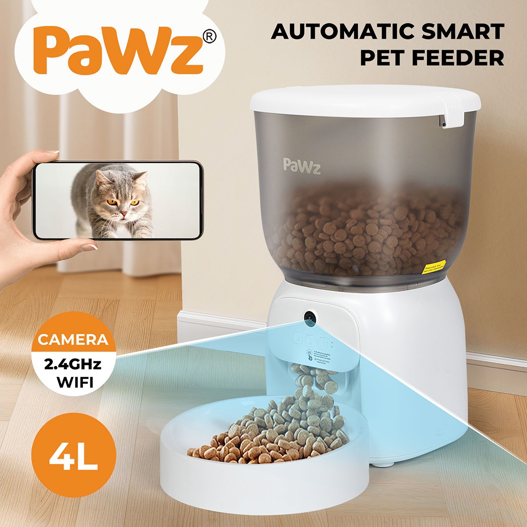 Pawz 4L Automatic Camera Pet Feeder Dog Cat Smart WiFi App Food Dispenser White