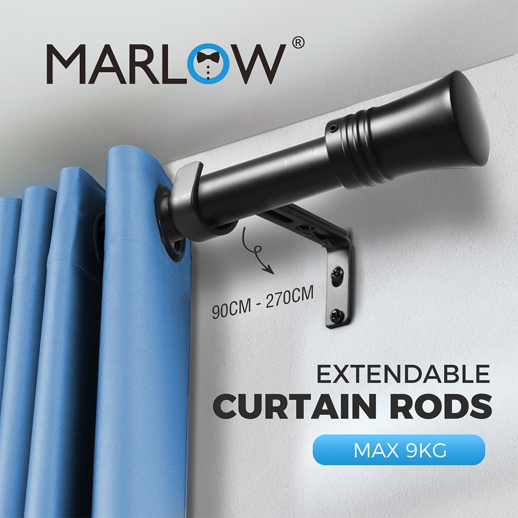 Marlow Black Steel Curtain Rod Quiet Rail Pole Pommel Set Extendable