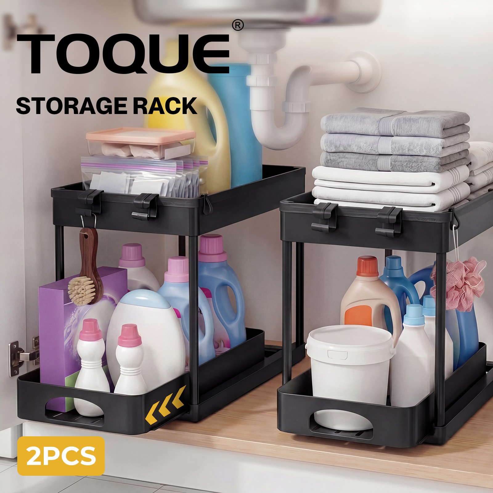 Toque Under Sink Organizer 2 Tier Sliding Drainage Shelf ABS Kitchen Bathroom