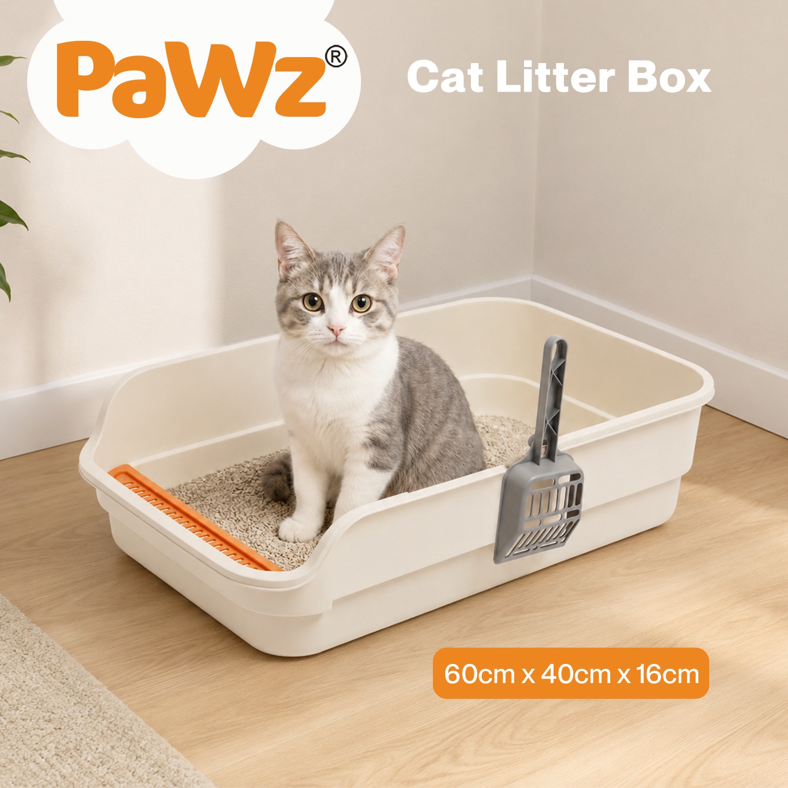 Pawz Large Cat Litter Box High Sided Open Top Tray 60cm Beige PP Plastic