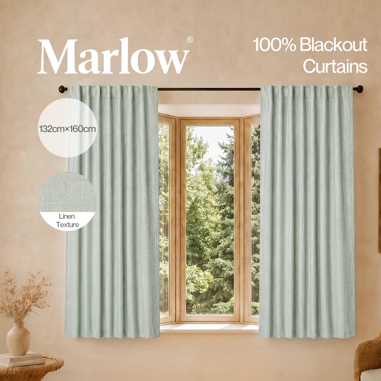 Marlow 2 Panels Blackout Curtains Thermal Linen Look Blockout Drapes Polyester