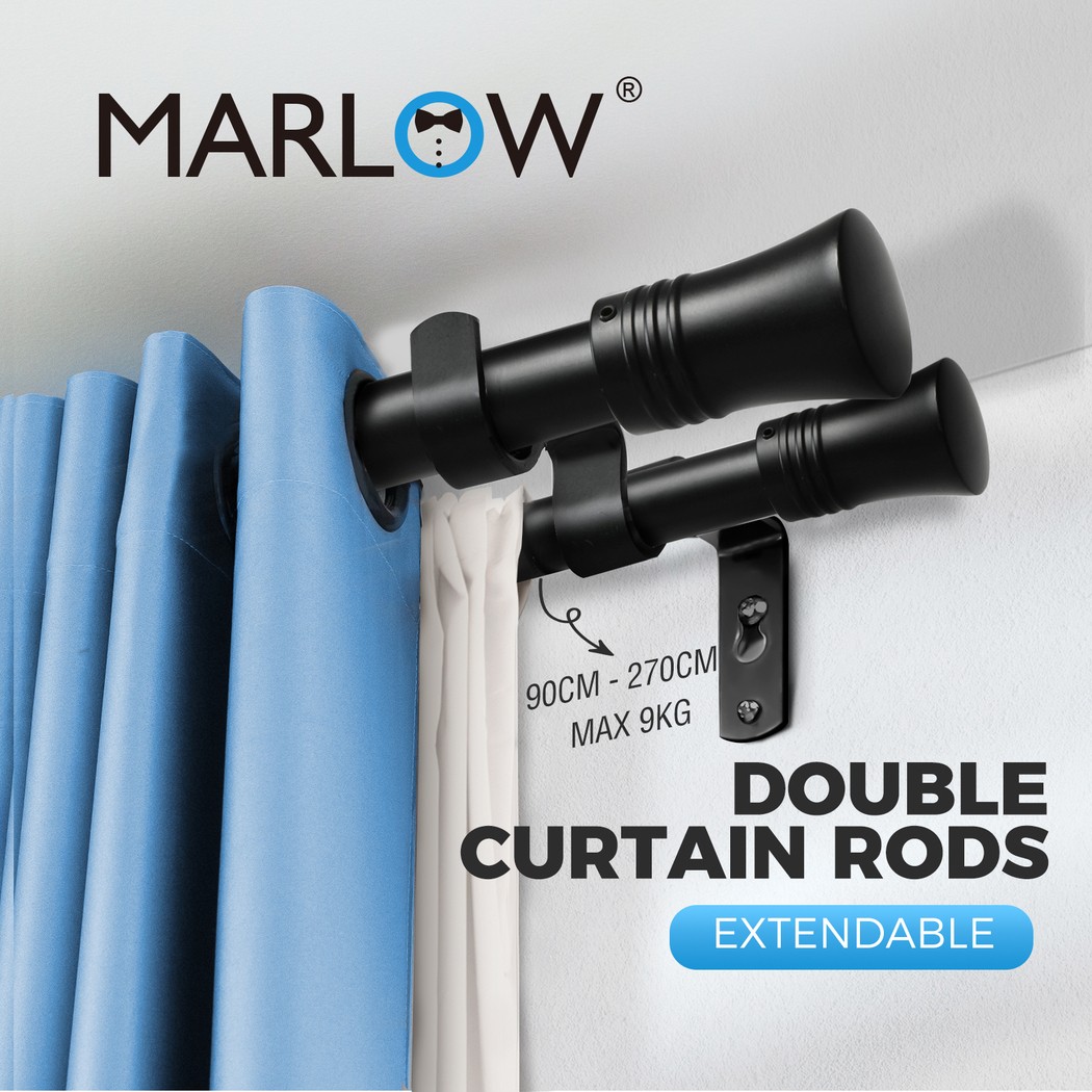 Marlow Black Double Curtain Rod Steel Pole Pommel Set Extendable Adjustable