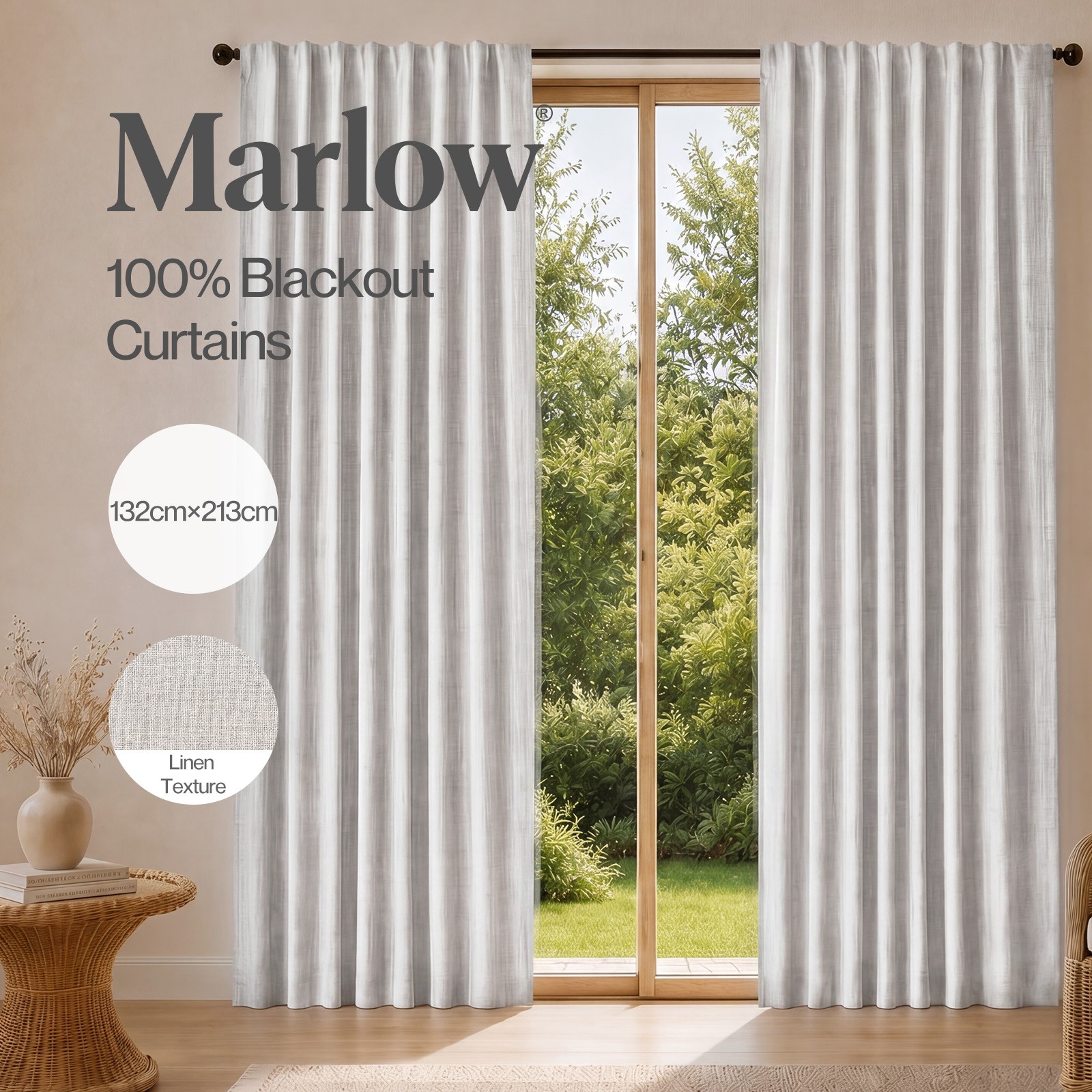 Marlow 100 Blackout Curtains Thermal Linen Look Blockout Drapes 2-Panel Bedroom