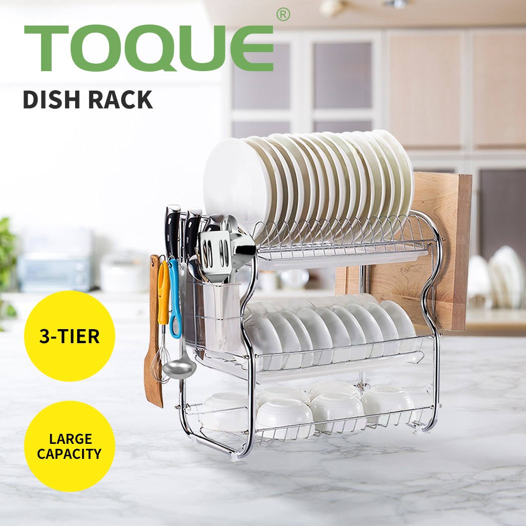 Toque Large 3 Tier Steel Dish Drying Rack Cup Holder Cutlery Tray Silver