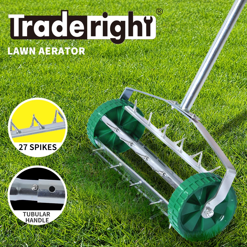 Traderight Lawn Aerator Roller Heavy Duty 27 Soil Penetrating Spikes Green
