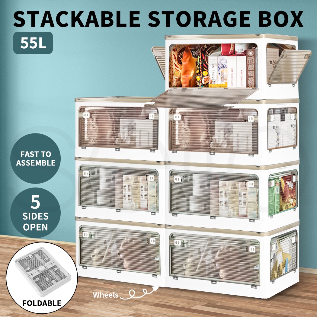 Stacked 55L Plastic Storage Box Stackable Foldable Dust-proof Lid White Grey