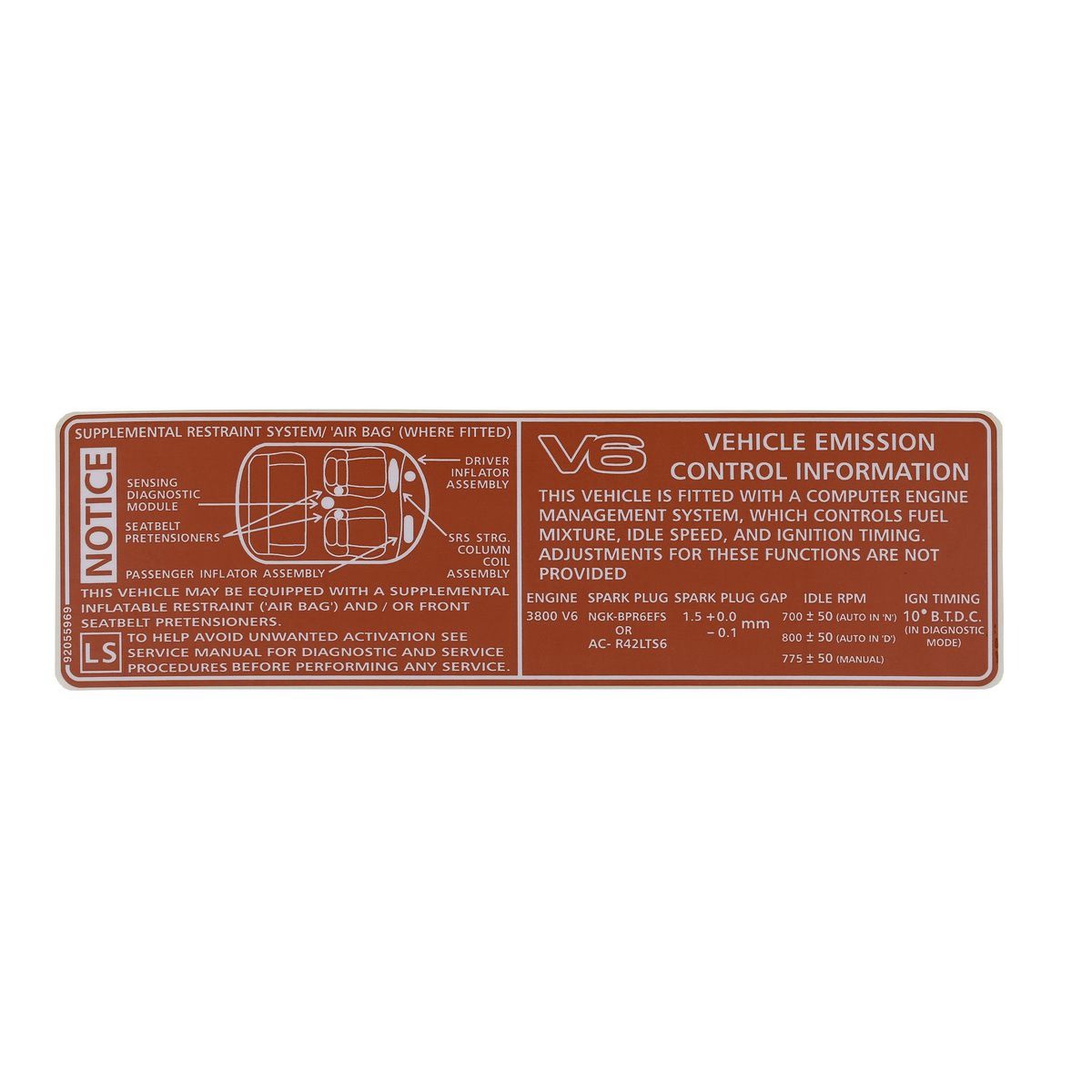 RSP Decal Vehicle Emission/SRS Commodore VT Series 1 V6 - 92055969 Auto Part