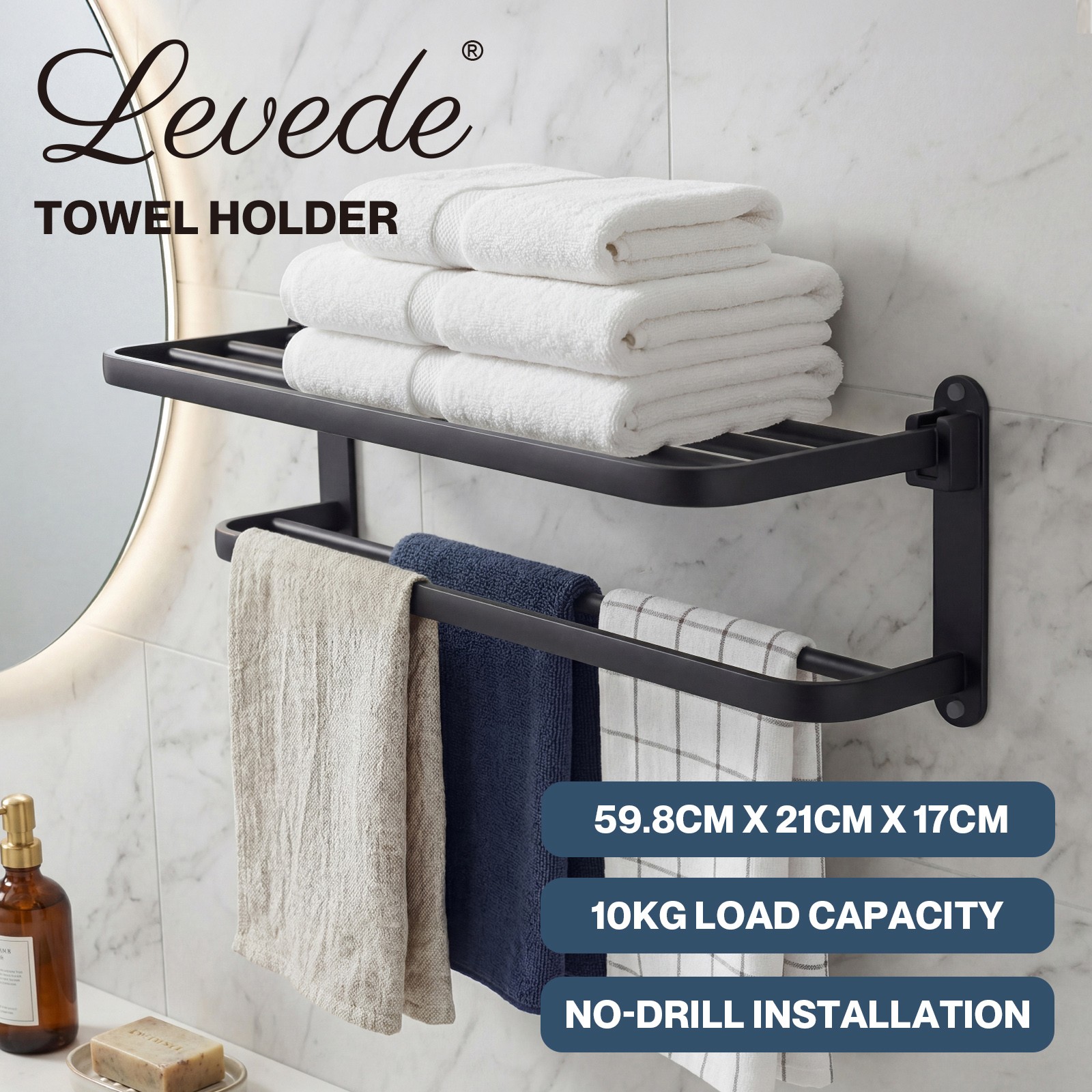 Levede Bathroom Towel Rack 2 Bars Wall Mounted Storage Shelf Black