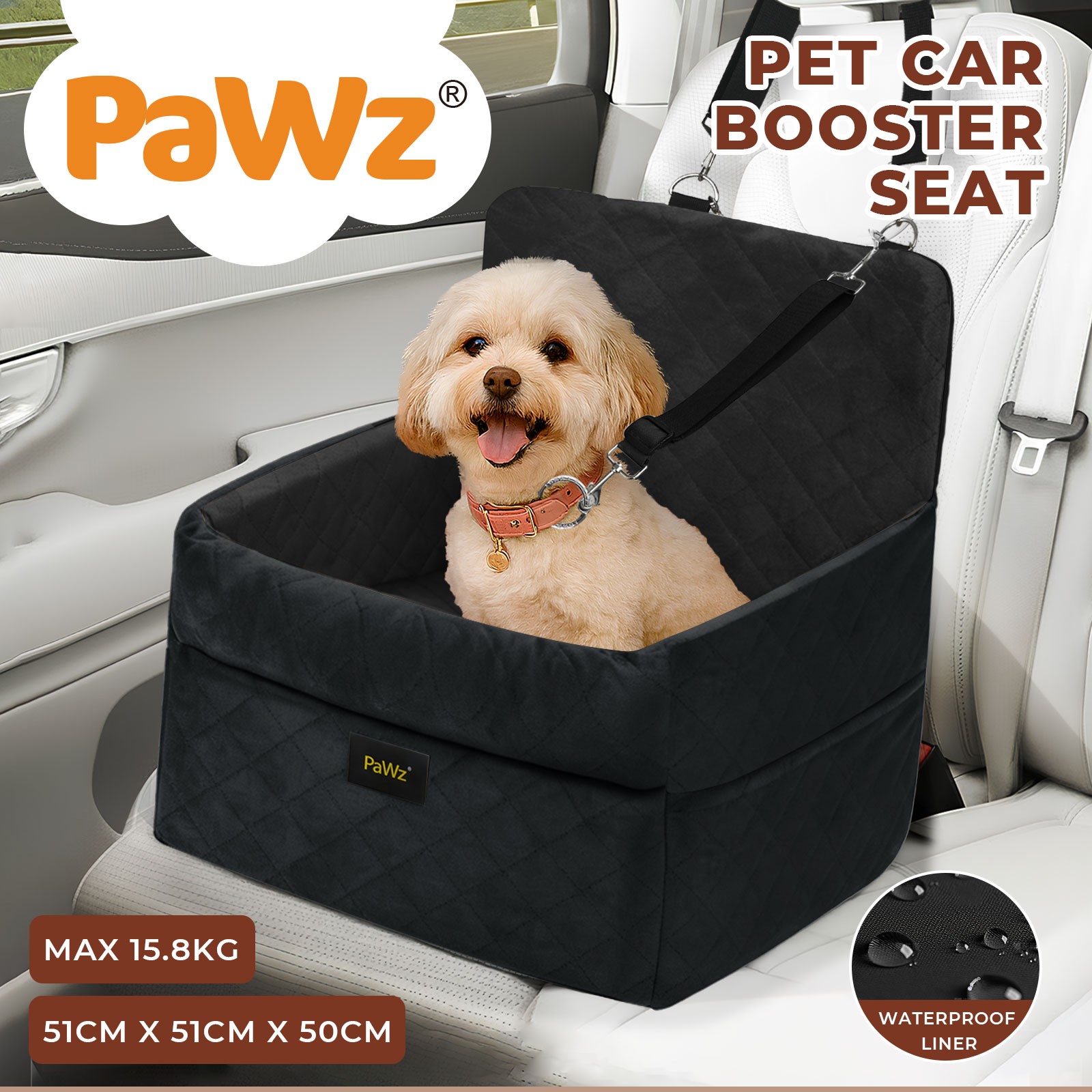 Pawz Dog Car Seat Booster Belt Portable Travel Bed Black Washable Cover