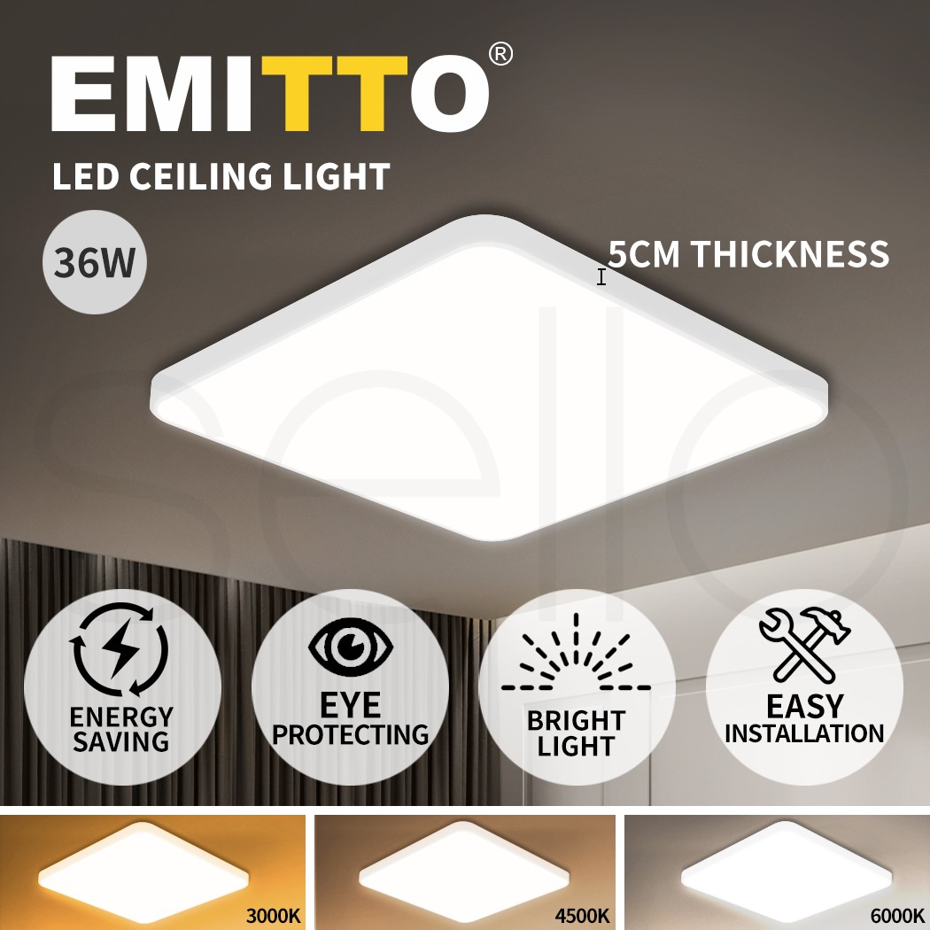 Emitto 36W 3-Colour LED Ceiling Light 5cm Ultra-Thin Square Acrylic White