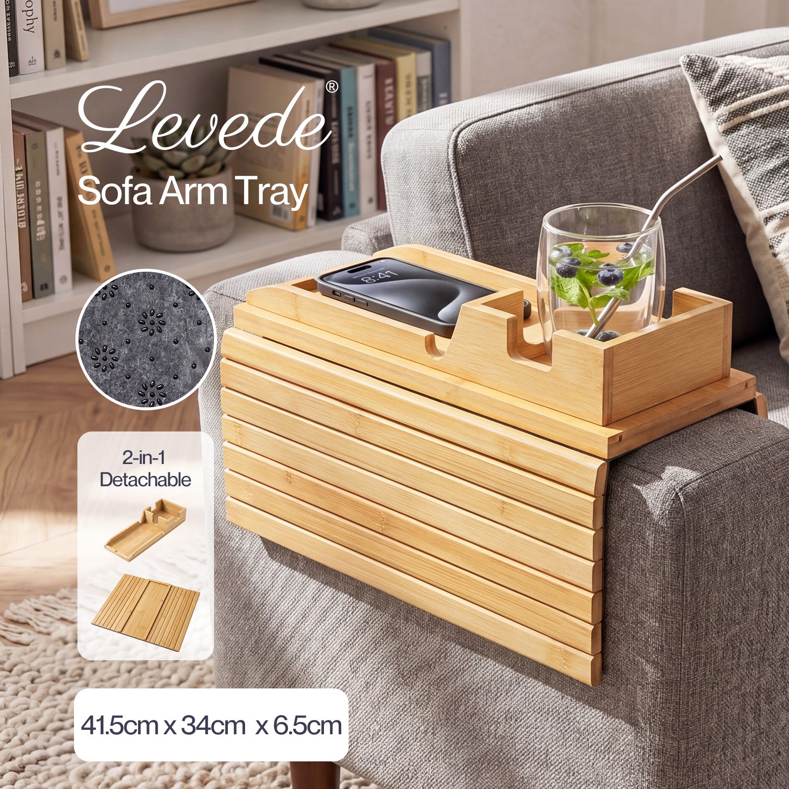 Levede Bamboo Sofa Arm Tray Cup Holder Detachable Couch Side Table Non-Slip