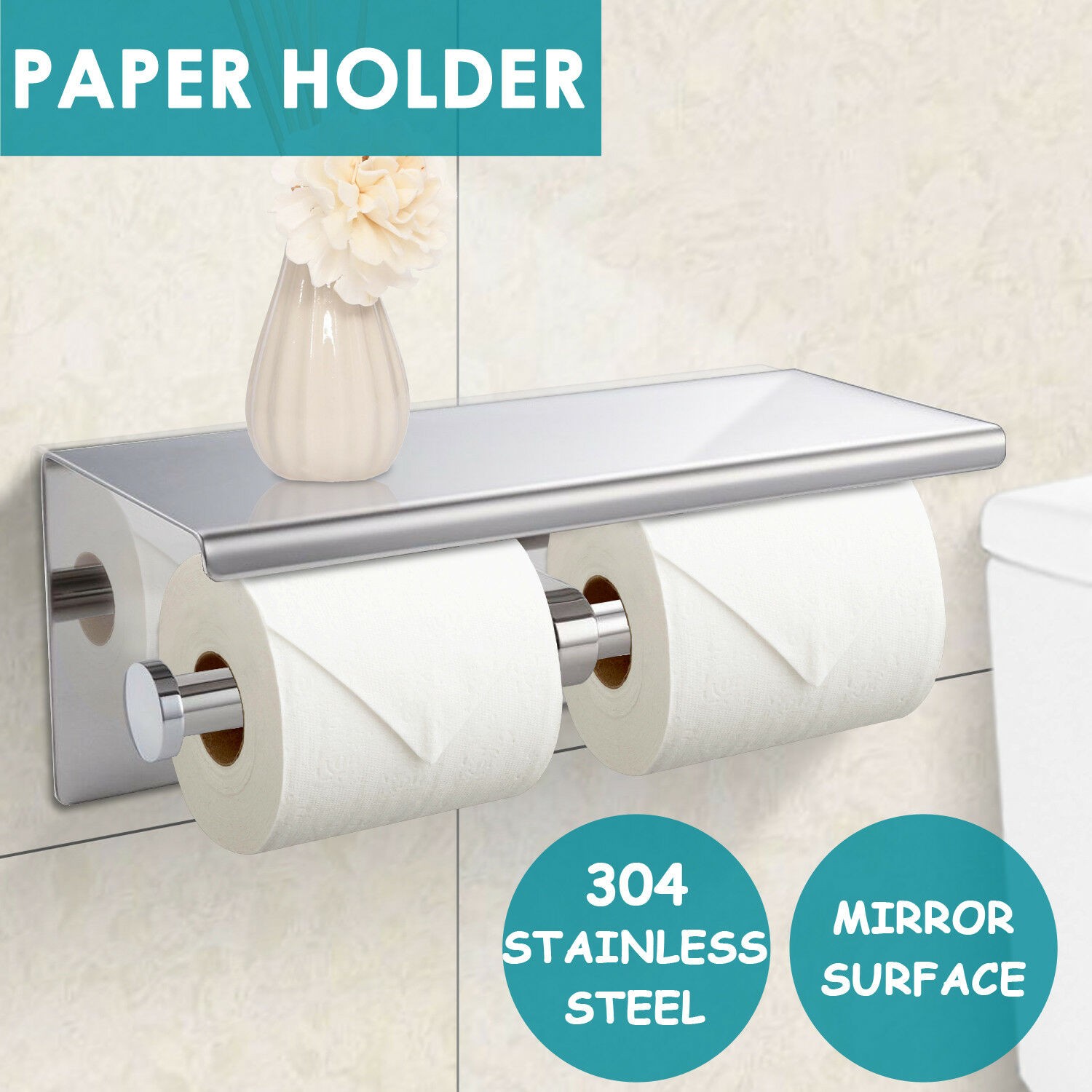 Stainless Steel Toilet Paper Holder Double Roll Silver Wall Mounted Storage