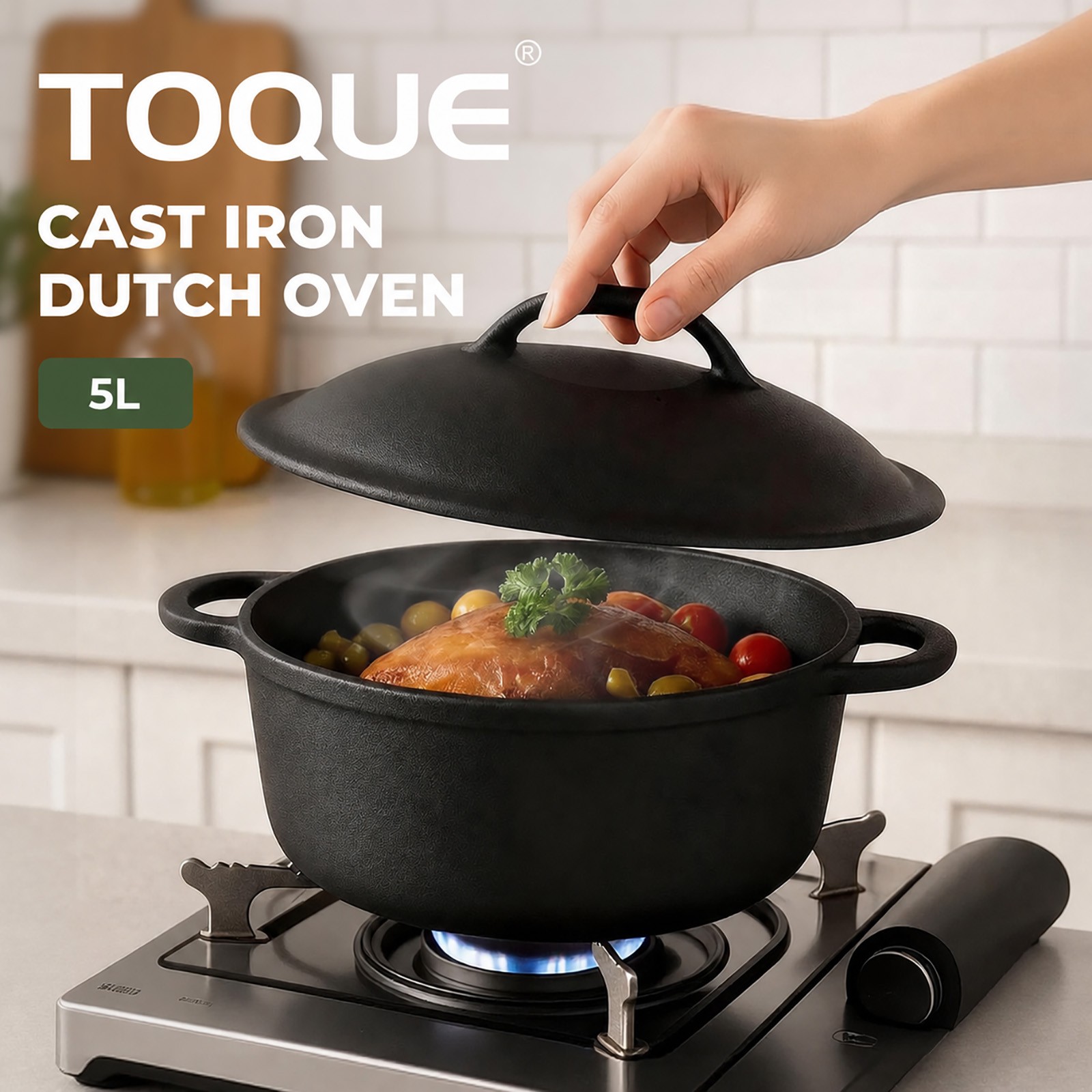 Toque 5L Cast Iron Dutch Oven Heavy Duty Round Casserole Pot With Lid
