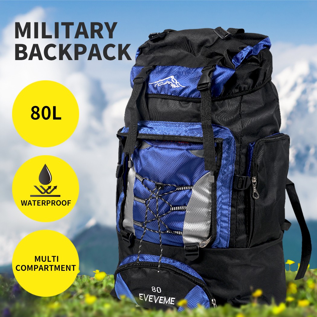 Slimbridge Tactical Military Backpack 80L Waterproof Nylon Blue Hiking Camping