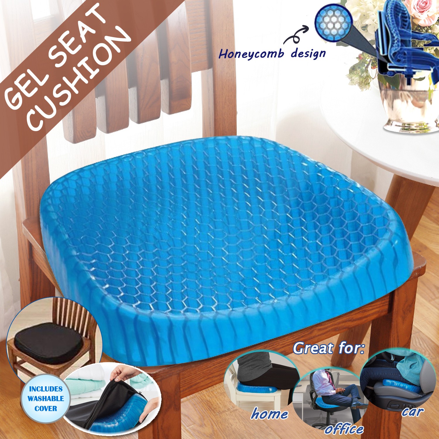 IDS HO0294 Gel Honeycomb Seat Cushion Blue Cooling Back Spine Support