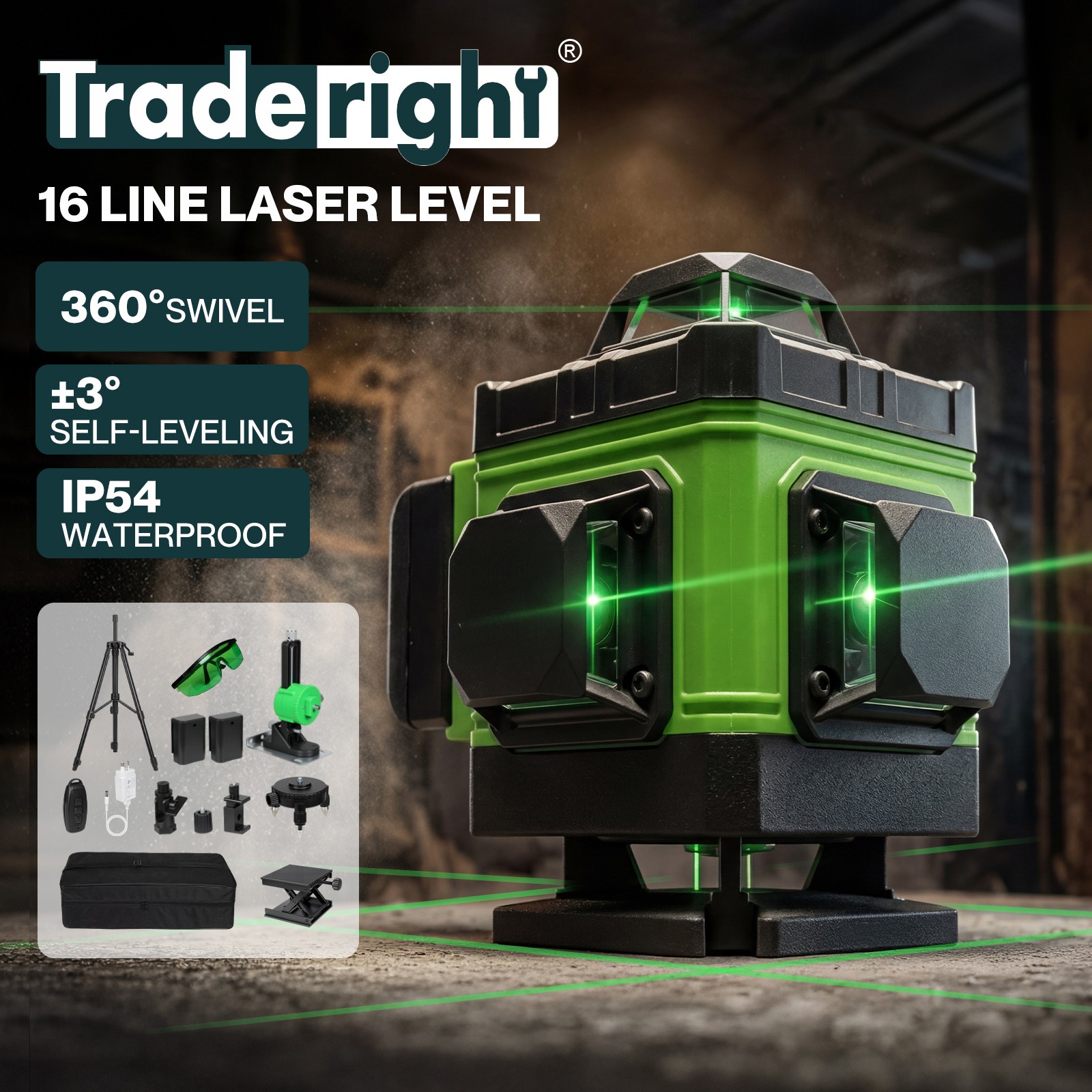 Traderight 16 Lines Green Cross-Line Laser Level 360 Rotary Tripod App Support