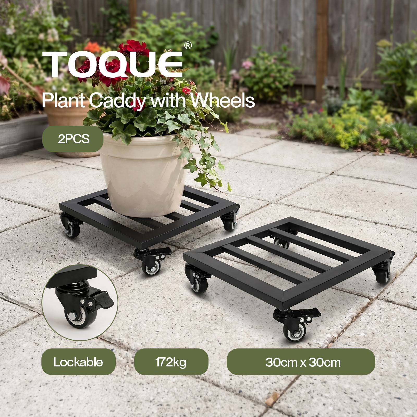 Toque Metal Plant Pot Trolley Tray Stand Caddy 360 Lockable Caster Wheels 2 Pcs